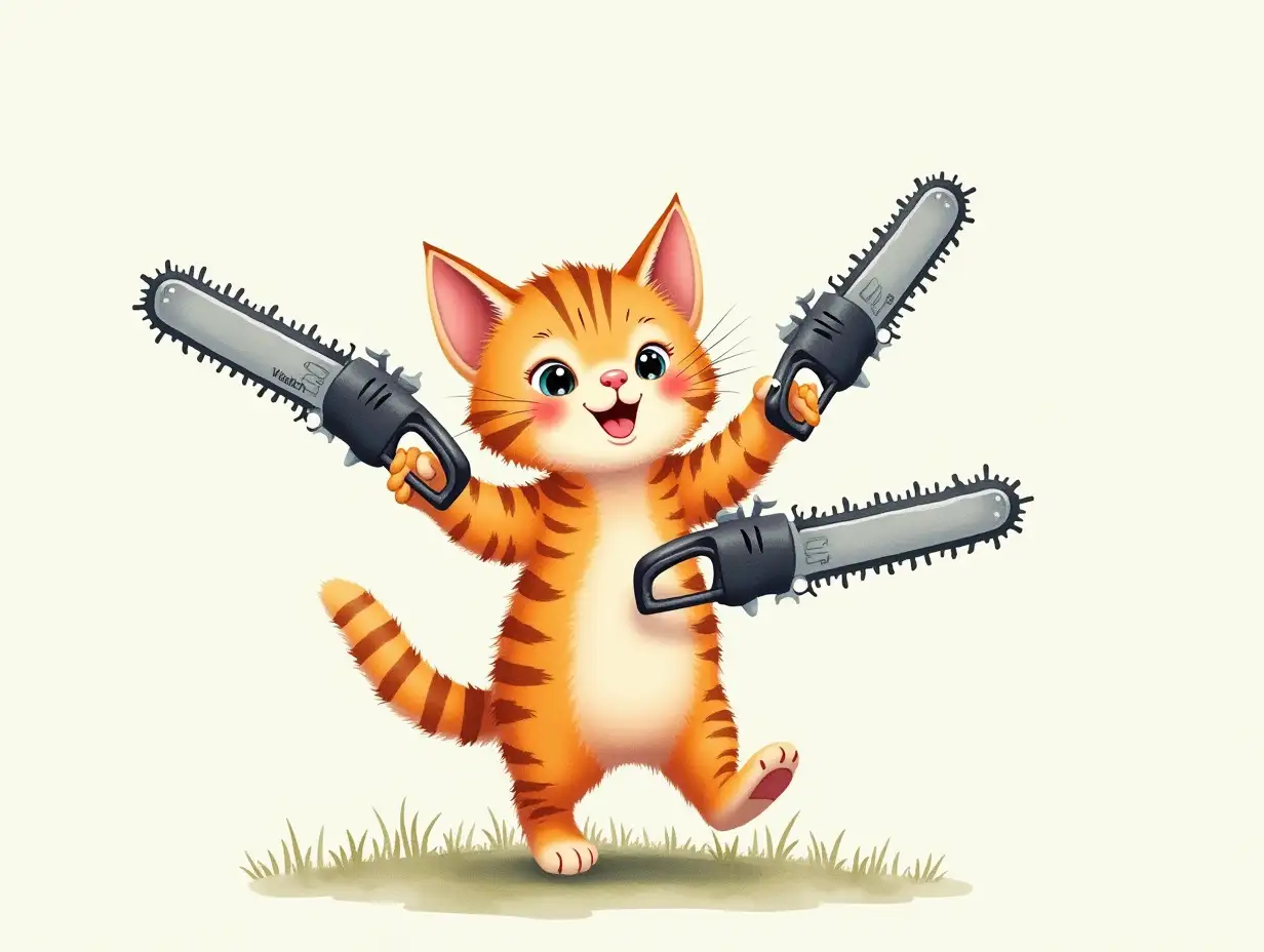 cute kitten, juggling chainsaws, in the style of a watercolor painting