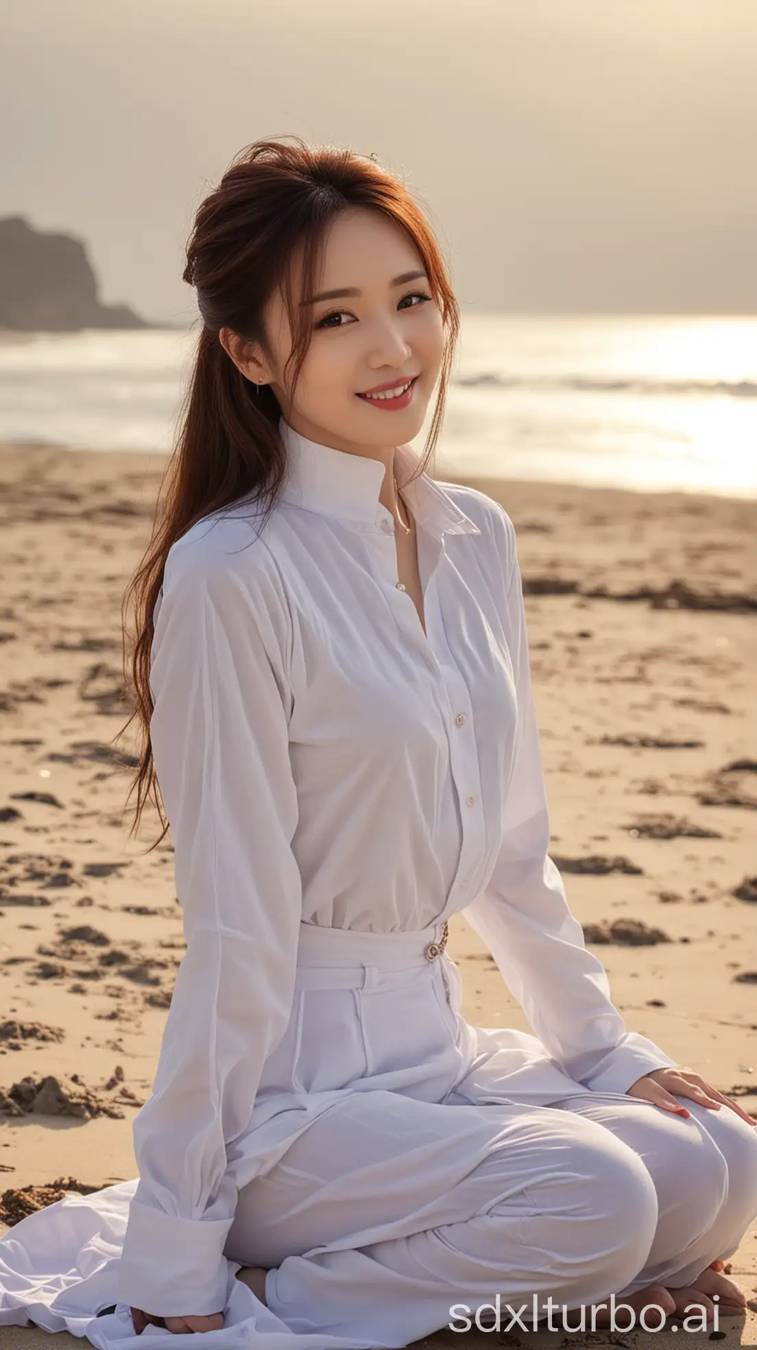 Chinese singer, Wang Fei, fair skin, sexy sweet smile, brown hair, full makeup white, winter tight-fitting white high-necked shirt, sitting on the beach, beautiful back view