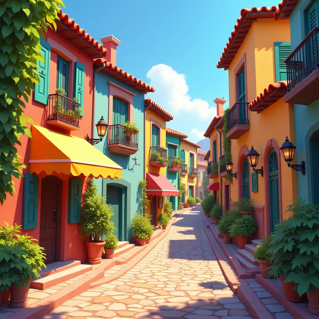 A vibrant, stylized, Pixar-Disney-esque Mediterranean town scene, featuring colorful buildings with balconies, awnings, and lush greenery, set on a cobblestone street, bathed in warm sunlight, with a detailed, painterly rendering style.