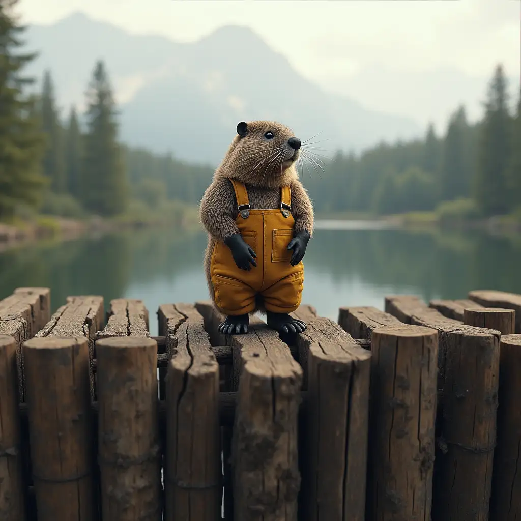 a beaver in worker's overalls standing on top of a tall dam made of wood looking into the distance