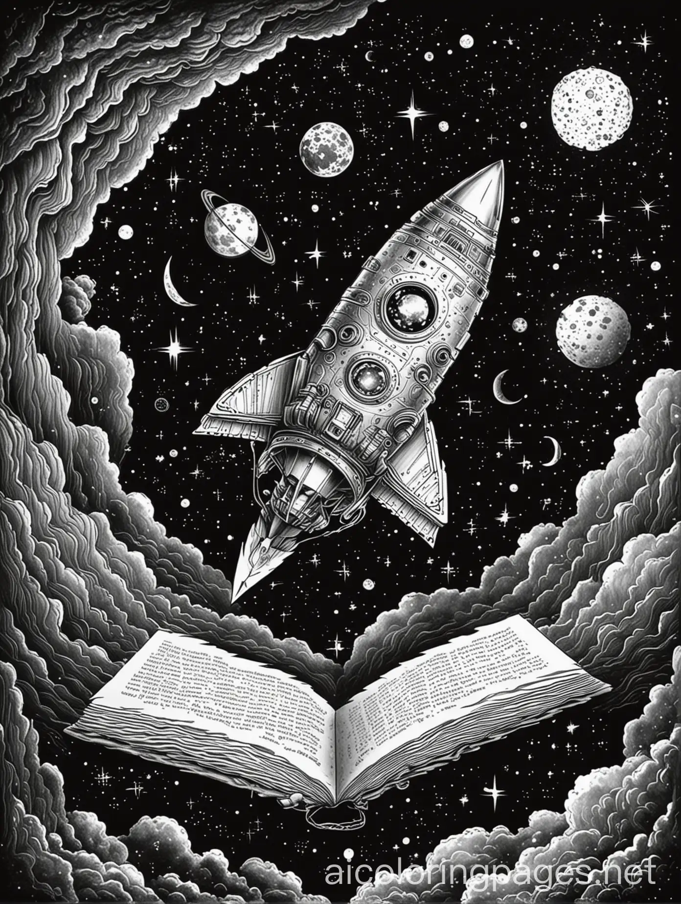 books floating in outer space, dark area, Coloring Page, black and white, line art, white background, Simplicity, Ample White Space. The background of the coloring page is plain white to make it easy for young children to color within the lines. The outlines of all the subjects are easy to distinguish, making it simple for kids to color without too much difficulty