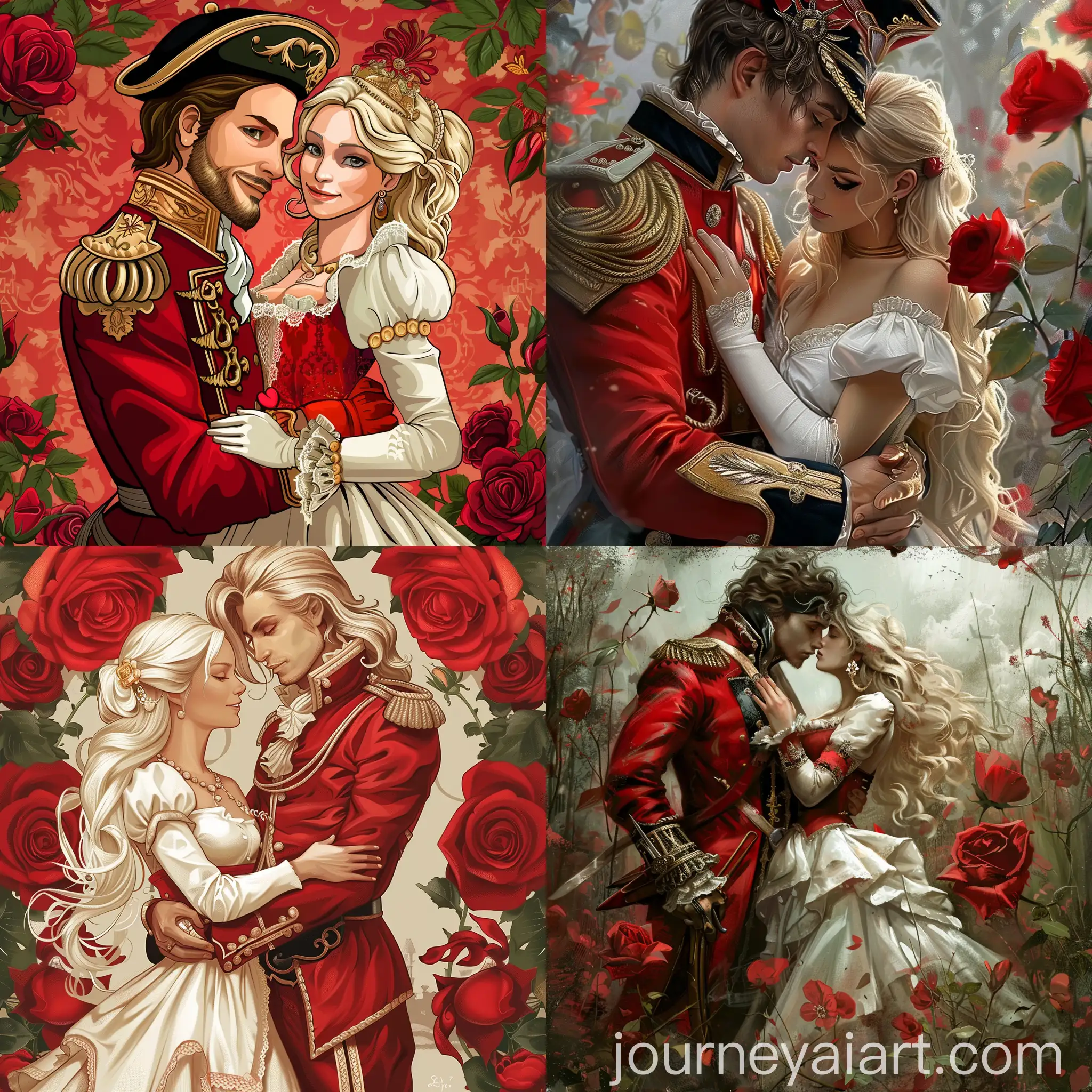 Fairy-Cartoon-Red-Clothes-and-Hungarian-Hussar-Couple-with-Blonde-Girl-in-Red-Rose-Garden
