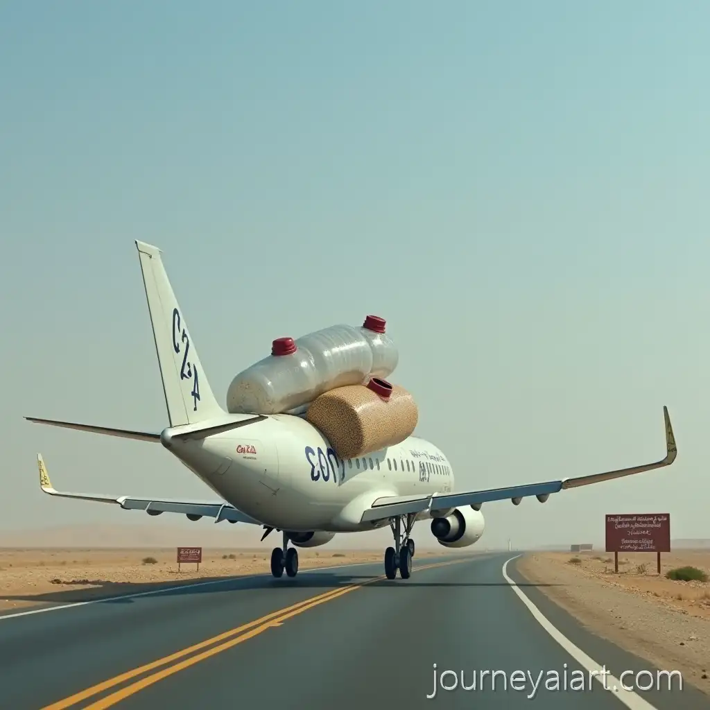 Airplane-Carrying-Plastic-BottAI-Image-Prompt-Expansionles-of-Flour-and-Lentils-Along-Border-Road-with-GAZA-Sign