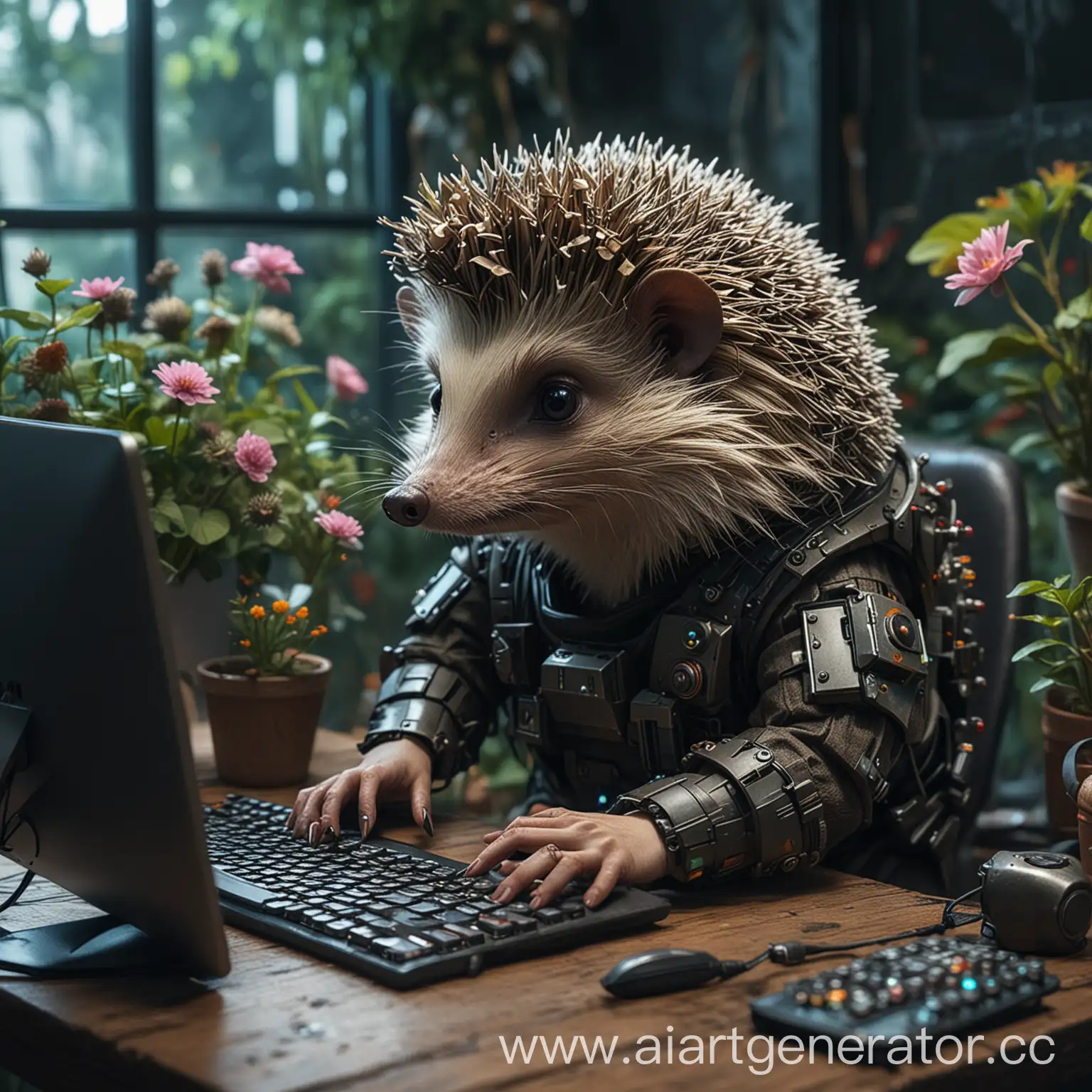 Cyberpunk-Hedgehog-Person-Using-Computer-in-Garden