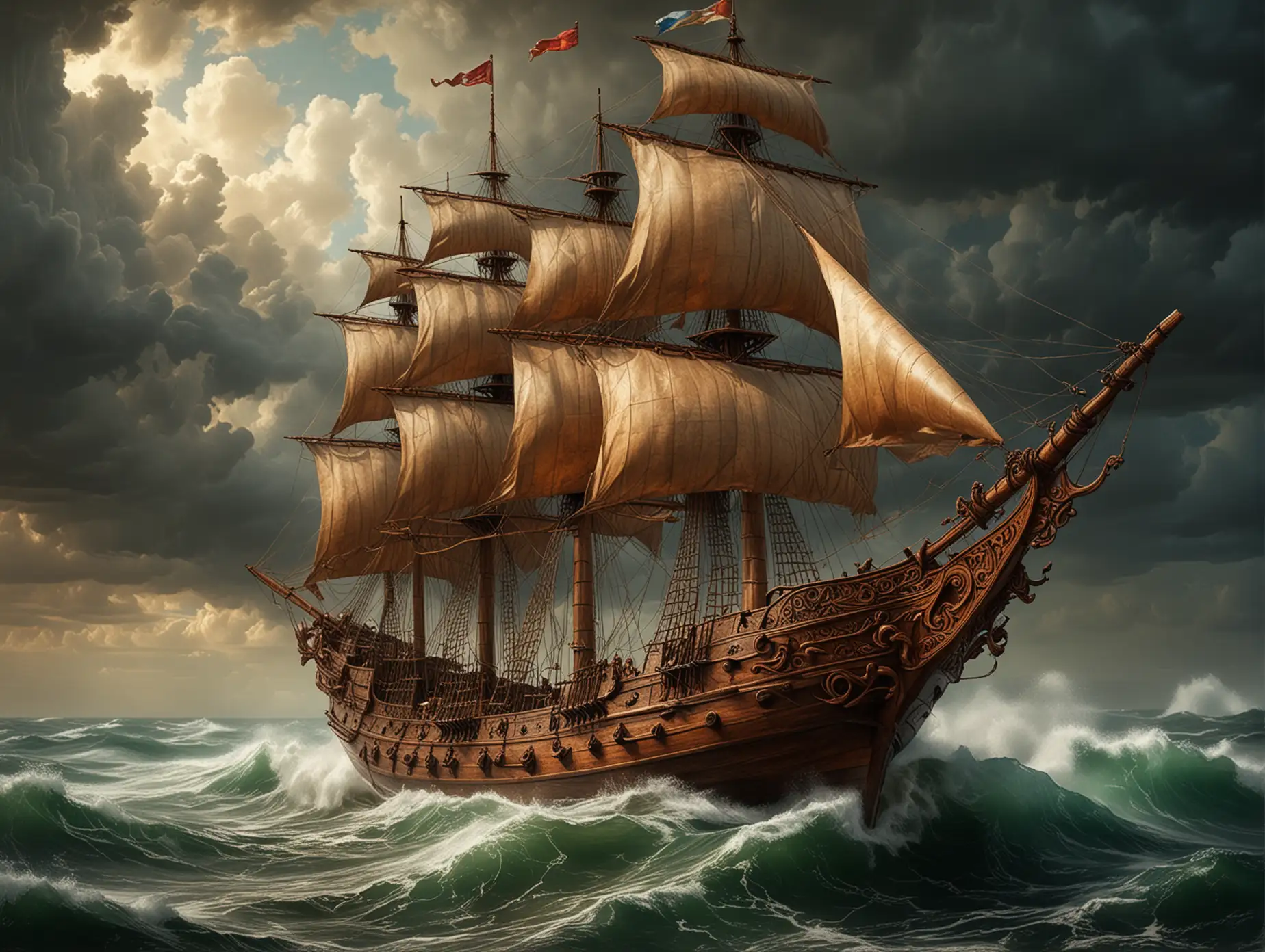 A majestic medieval sailing ship on stormy seas, with billowing sails and intricate wooden carvings, painted in the style of a classical oil painting. Rich, textured brushstrokes, deep shadows, and warm, earthy tones dominate the scene, capturing the dramatic intensity of the ocean and the ship’s journey