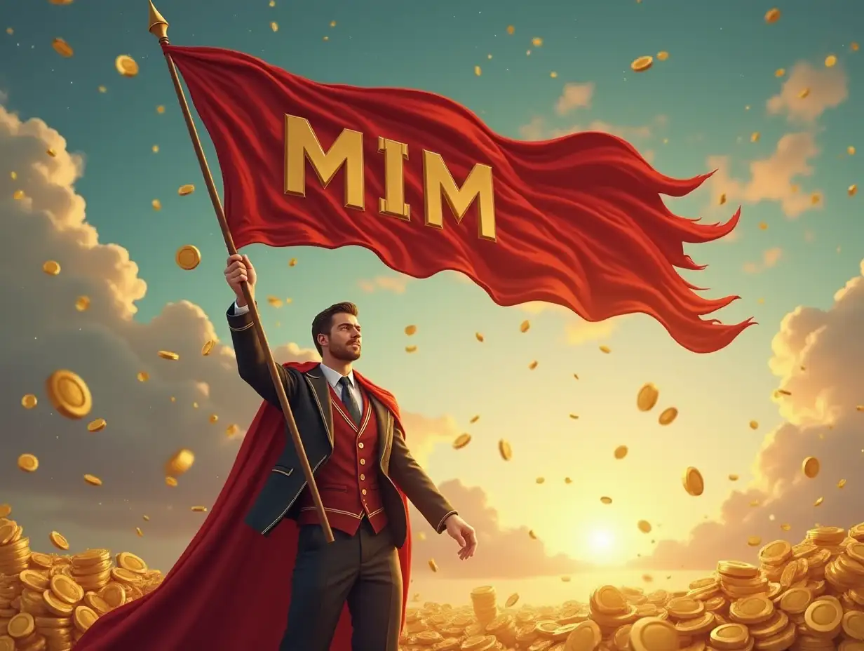 create an image showing a rich man waving a big flag written mim gallery on it and golden coins are raining from sky