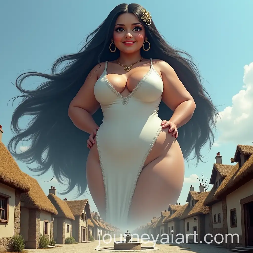 Giantess-Overlooking-a-Medieval-Village-with-Confident-Gaze