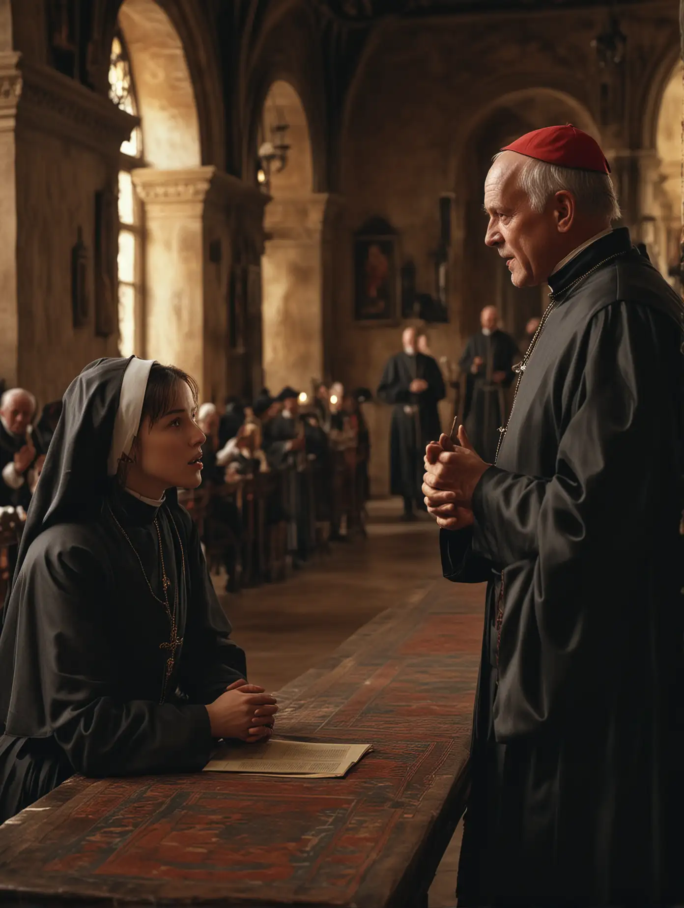 An epic 17th century scene featuring a young, beautiful and attractive nun like Sophie Marceau in conversation with the Cardinal of Saragossa like Anthony Hopkins in Palacio de la Aljafería, cinematic view, high-detailed, photo realistic picture, high-detailed, beautiful, moody lighting, intricate details, cinematic view