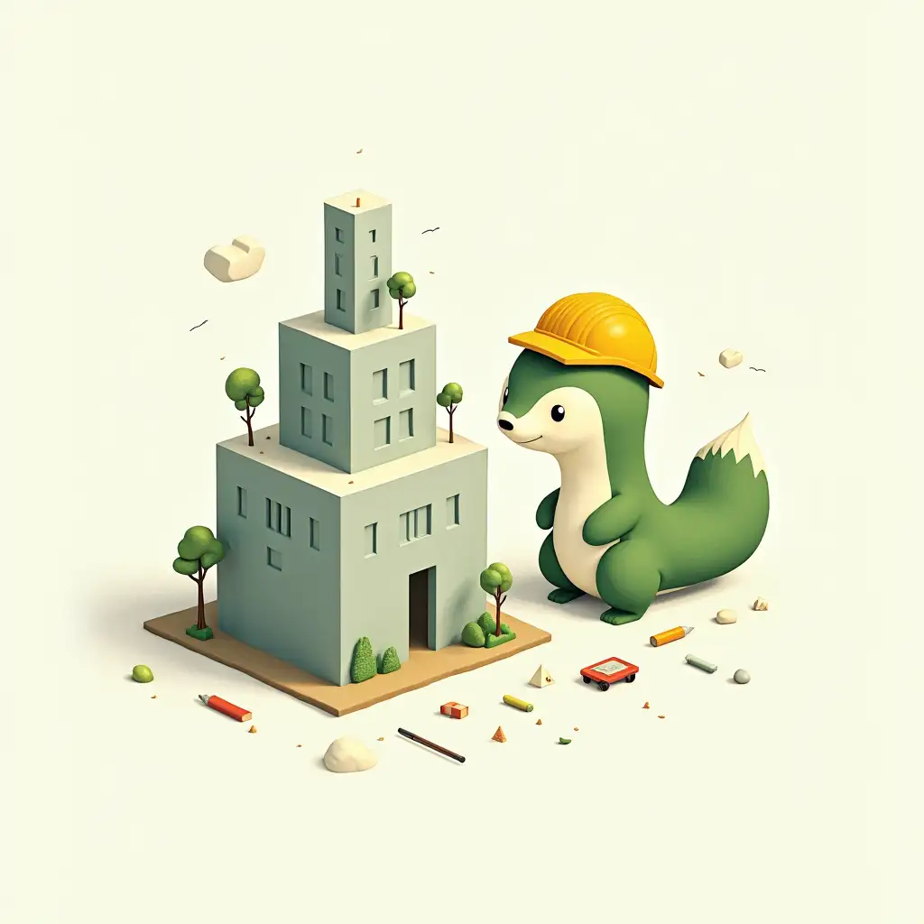 A cube and a green and white animal with a construction hat, drawings and buildings