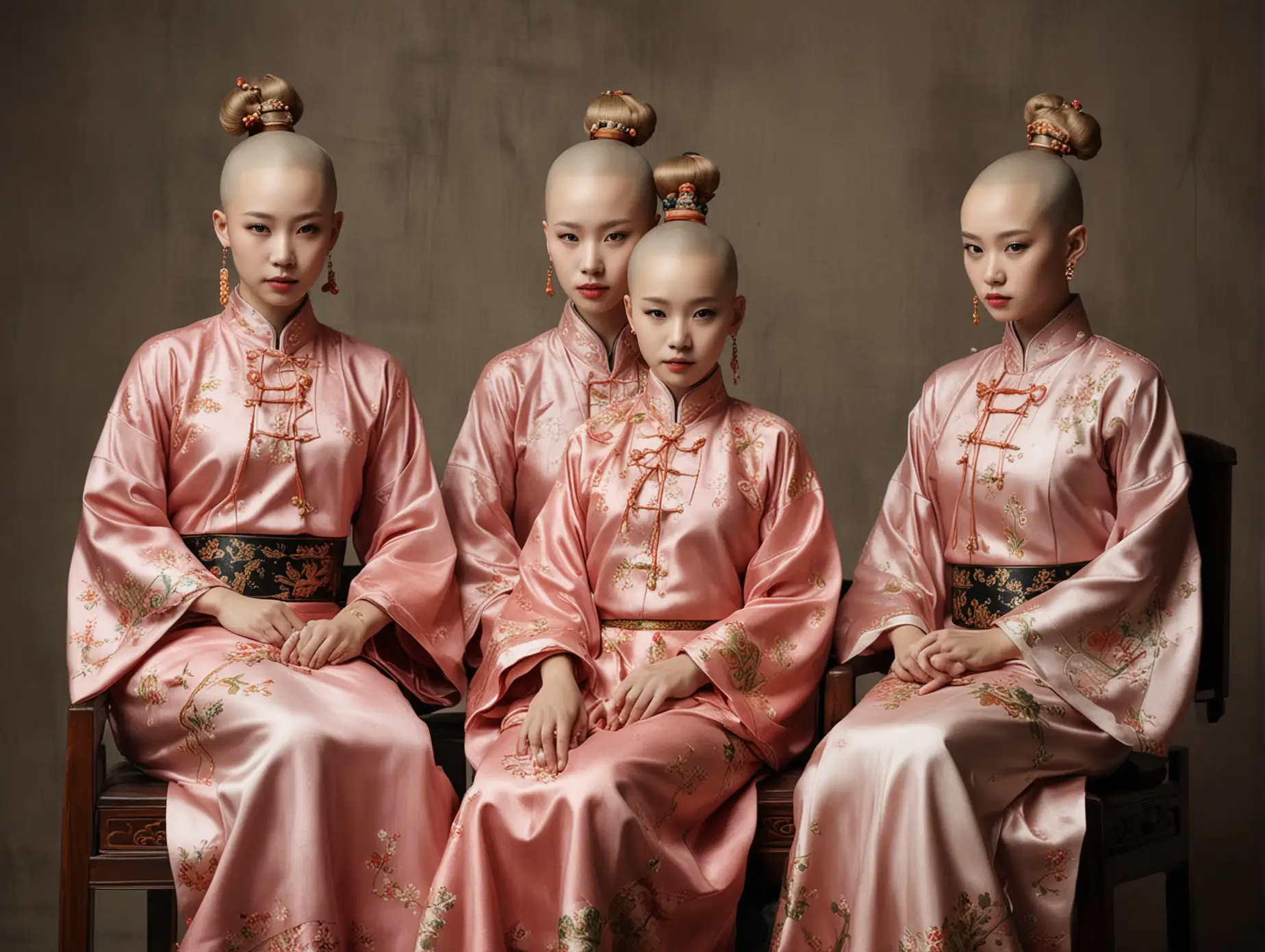 4 bald-headed girls in Chinese ancient costume sitting on a barber chair