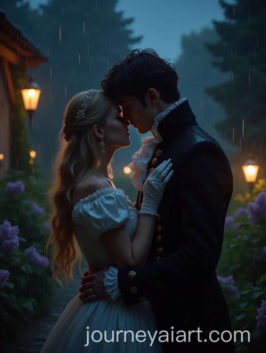Romantic-1820s-Bridgerton-Style-Passion-Kiss-in-Night-Garden