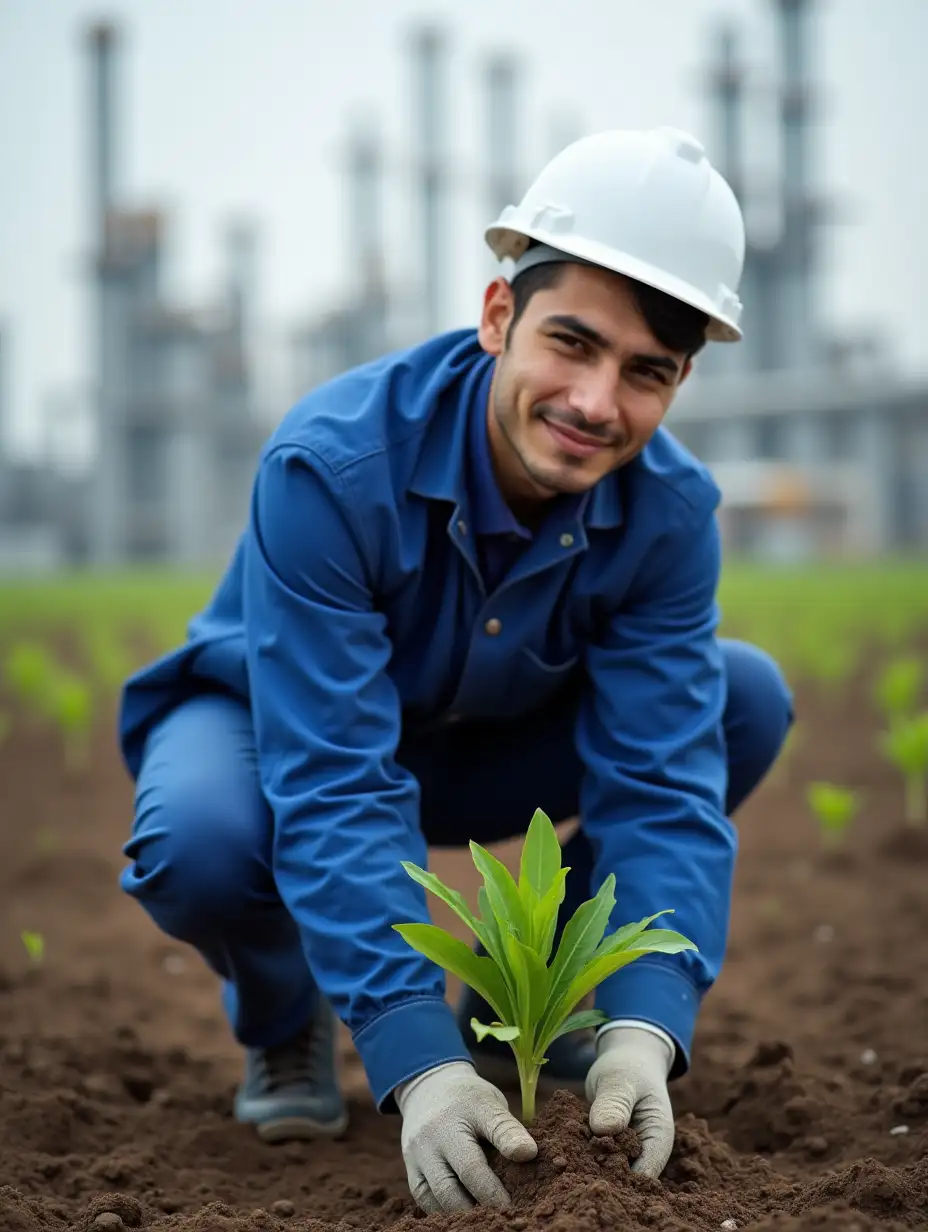 Young Iranian male petrochemical employee wearing blue suit and white hat planting tree seedlings in petrochemical plant and petrochemical background