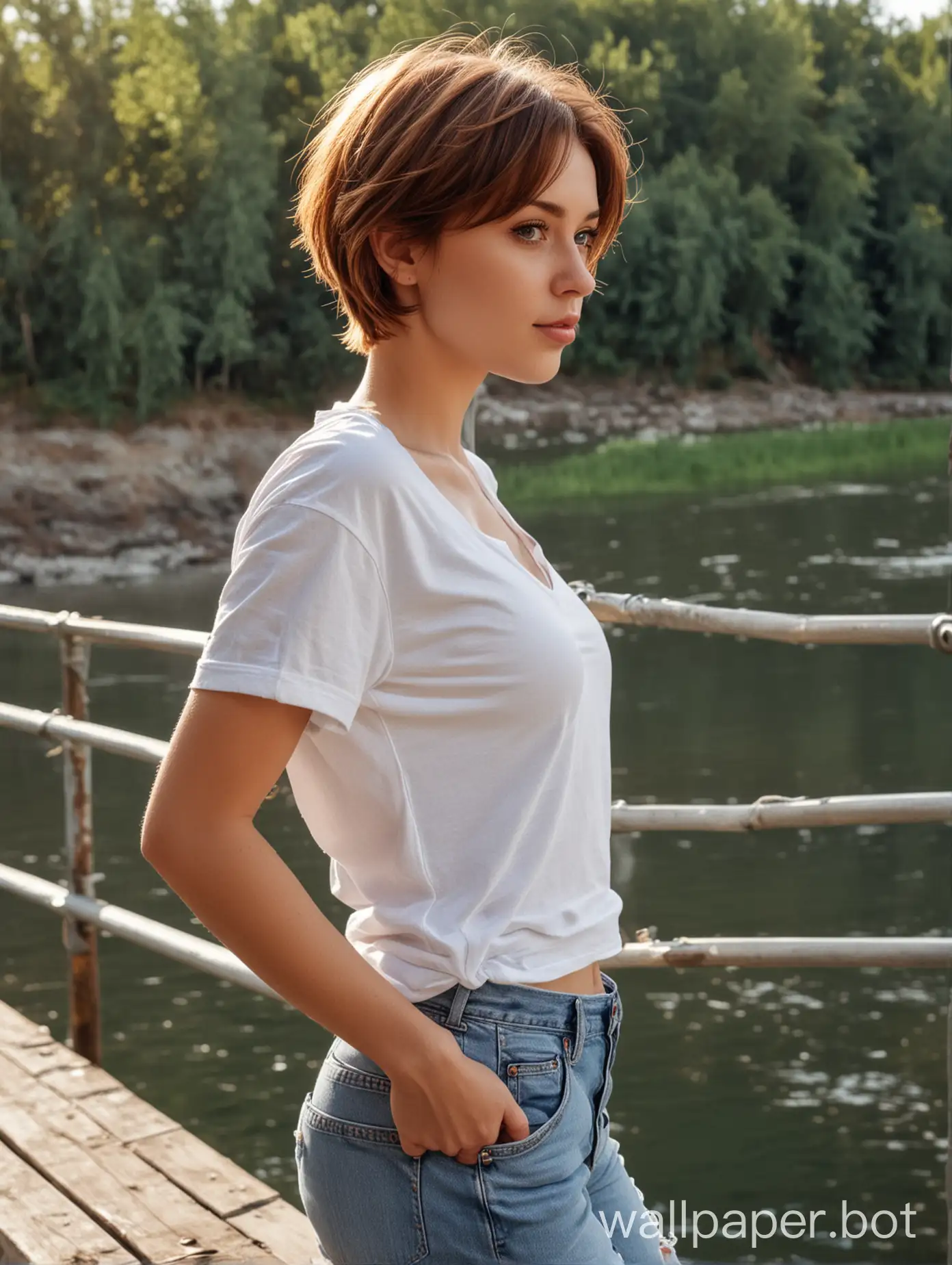 slim girl with short chestnut hair, gray eyes, upturned nose and large breast in a white t-shirt and jeans on a bridge over river in profile