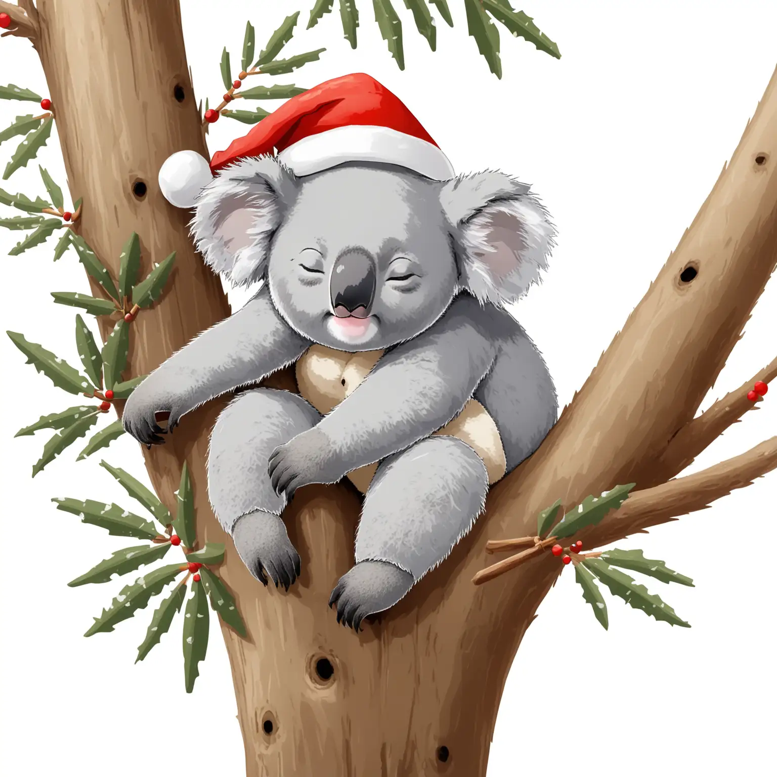 Koala Sleeping in a Gumtree with Santa Hat