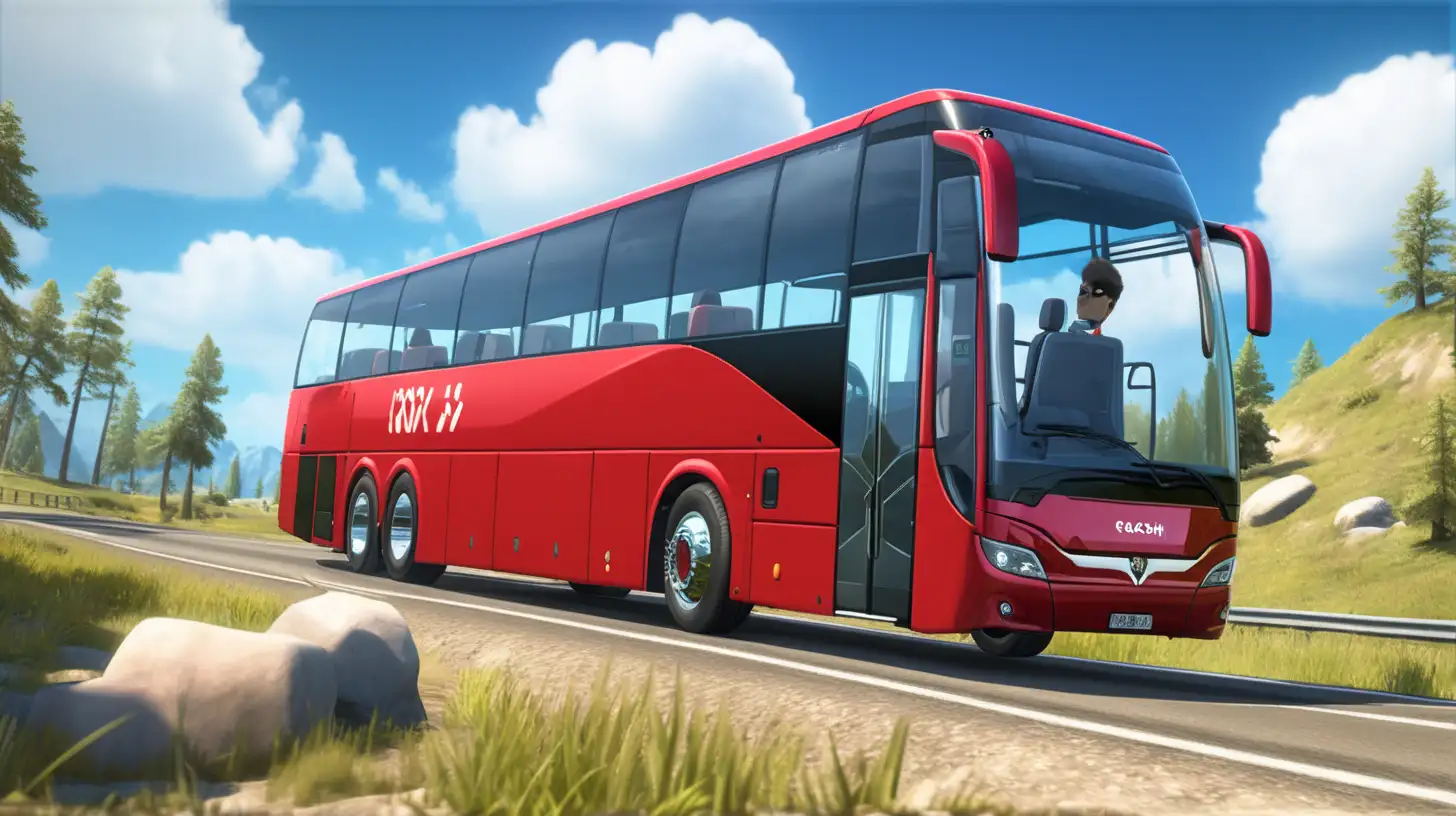 Modern Red Offroad Coach Bus Driving Game in Natural Environment