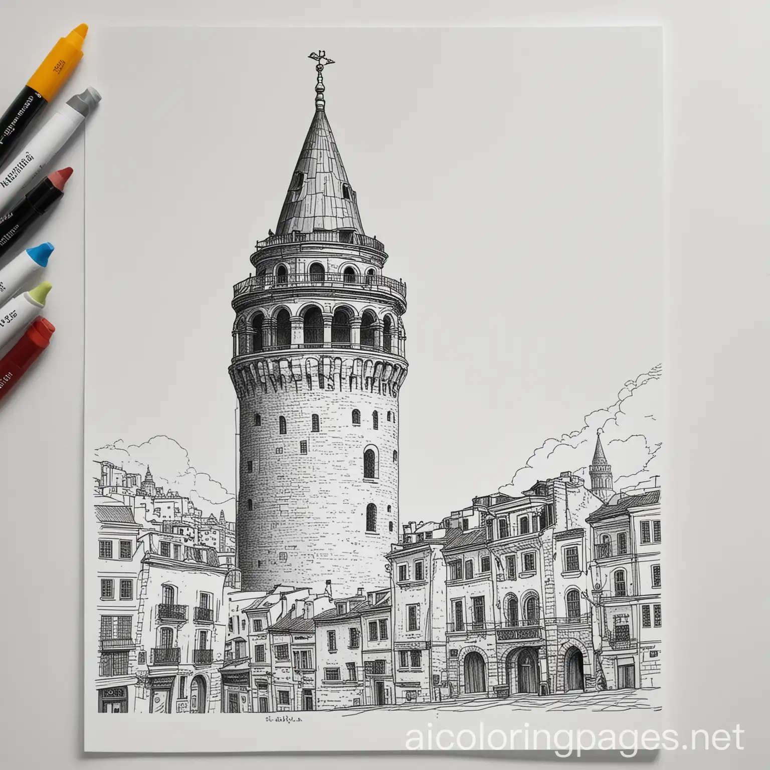 istanbul galata tower small basic coloring , Coloring Page, black and white, line art, white background, Simplicity, Ample White Space. The background of the coloring page is plain white to make it easy for young children to color within the lines. The outlines of all the subjects are easy to distinguish, making it simple for kids to color without too much difficulty