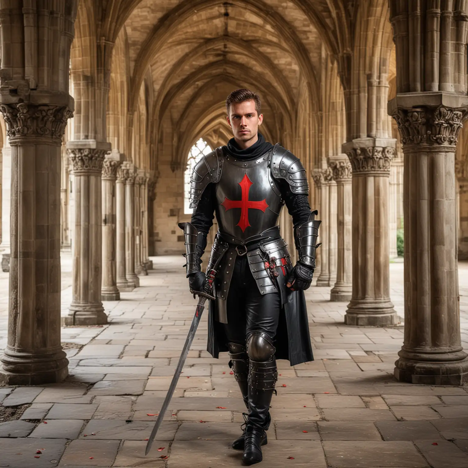 Handsome man, medieval knight, clad in black leather pants, steel armour breast plate, with red crest, holding a sword, standing the cloisters of a gothic abbey