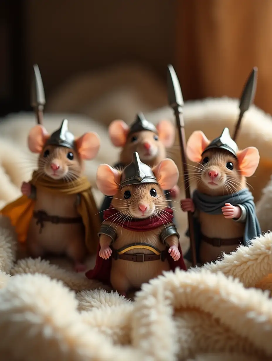 A group of mice, dressed as brave warriors, stands together on a soft, textured blanket. Each mouse is outfitted with miniature knight helmets and carries weapons such as spears and bows. Their tiny armor and fierce yet adorable expressions convey a sense of courage. The camera captures the scene from a down-top perspective, showcasing their detailed outfits and the subtle folds of the blanket. The background is warm and cozy, resembling a homey, storybook setting. Soft, warm lighting.