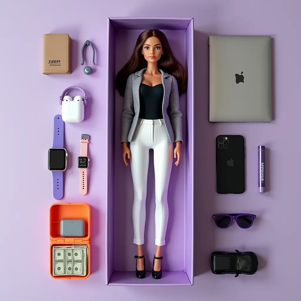 Create an action figure on photo. It should be a doll wearing a [business suit with white pants, black top under jacket, jacket unbuttoned]. The box is [purple] full size. Near the figure there must be her accessories: [AirPods 3 headphones in orange case], [ASUS gray gaming laptop], [Apple Watch with pink strap], [money pack], [violet iPhone 14 Pro] [miniature BMW 5 series black car figure], [sunglasses], [lip balm]. Also on the box at the top it should be written [JULS], and under it - [LEKSIKOVA]. Depict as realistically as possible.