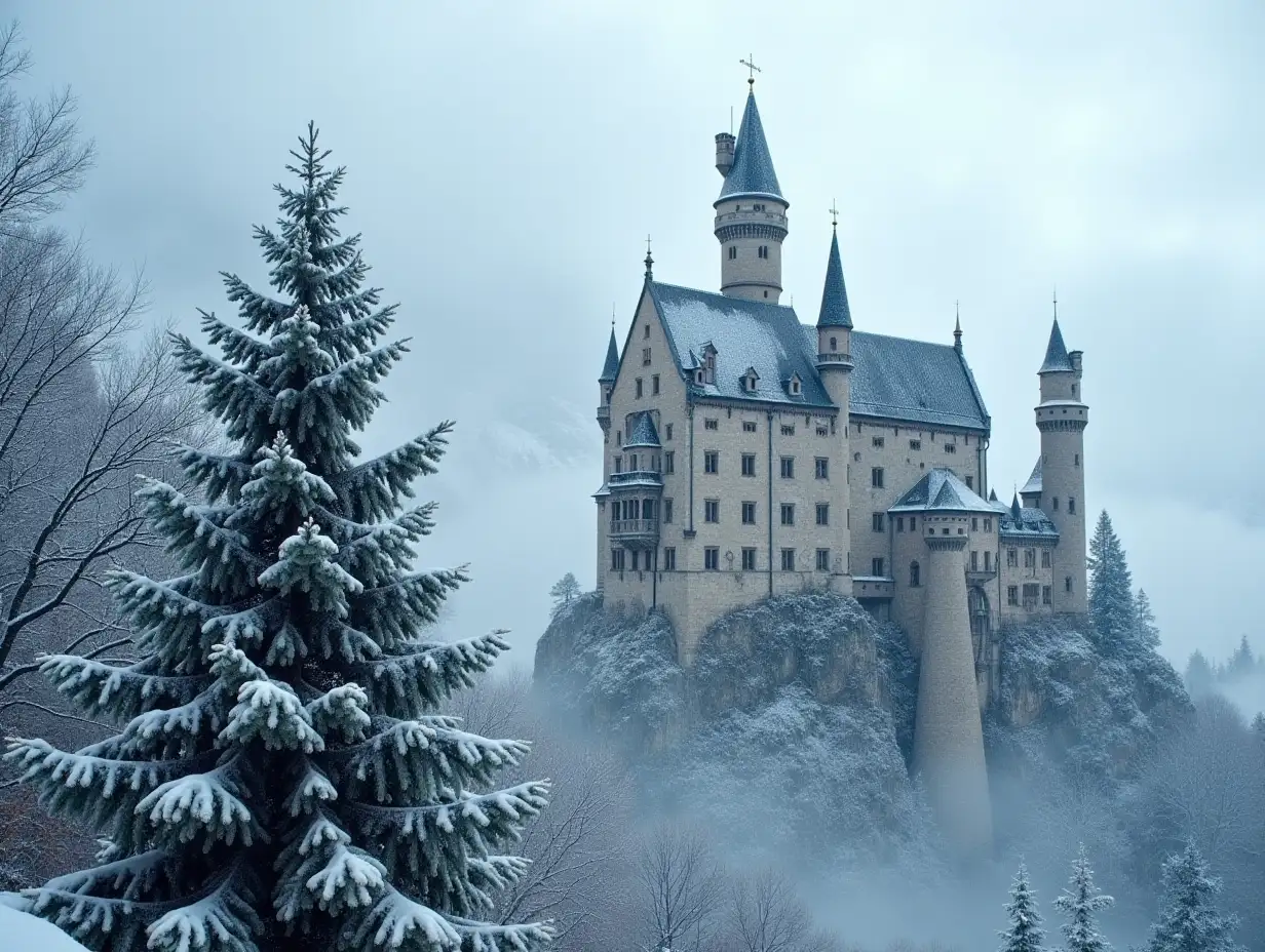 Realistic photo of a castle hanging on a mountain with snow, fir tree, snowflakes, cloudy