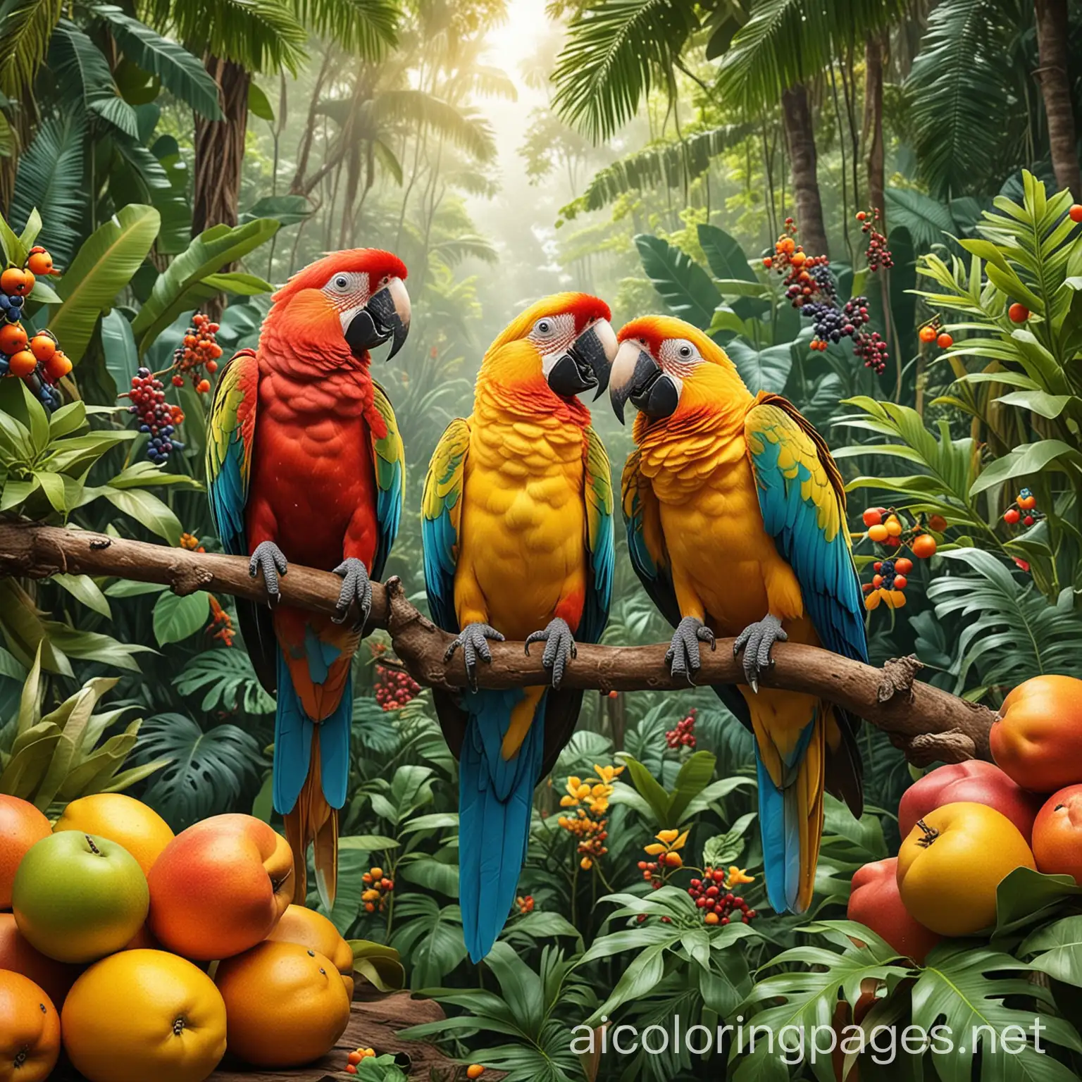 Coloring-Page-Tropical-Parrots-with-Exotic-Fruits