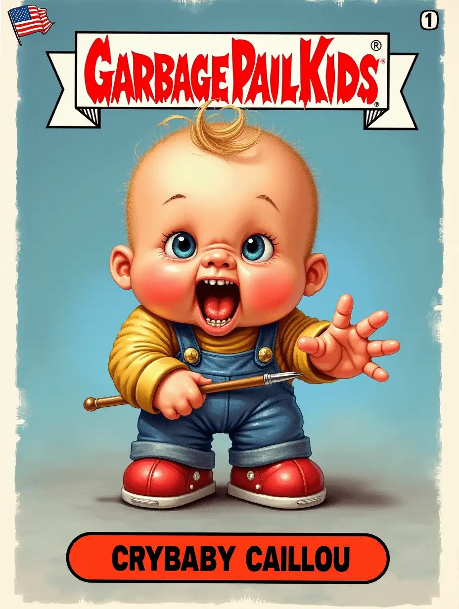 Garbage Pail Kids trading card, Text on bottom: Crybaby Caillou