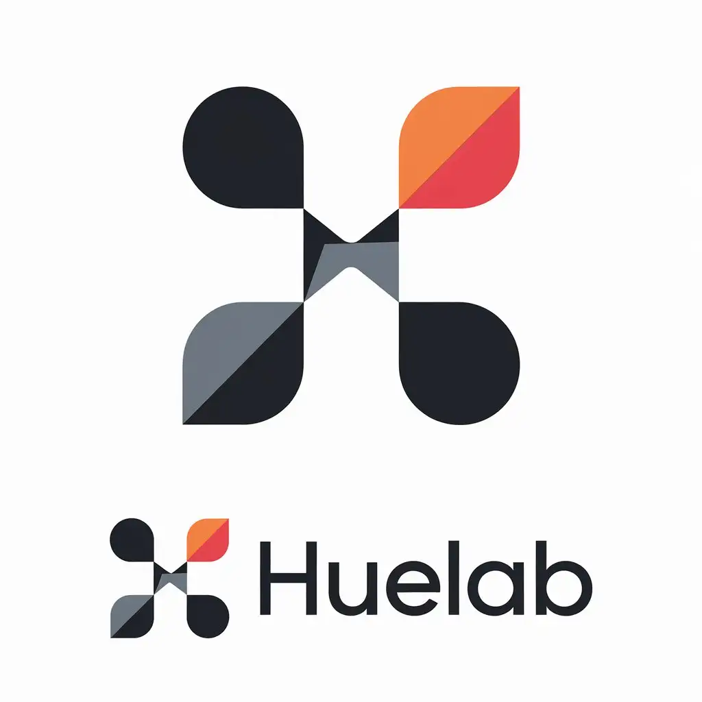 a vector logo design,with the text "Huelab", main symbol:Design Brief: Create a one-of-a-kind logo for HueLab, an innovative graphic and web design studio that specializes in pushing creative boundaries. The logo should be a visual metaphor for creativity, experimentation, and precision, combining abstract shapes in a way that feels fresh and modern.nKey Elements:nUnified Shape: Develop a central symbol that represents the fusion of digital and print design worlds. This shape should be simple yet thought-provoking, encouraging the viewer to explore its subtleties.nAbstract but Meaningful: Use geometric abstraction, but ensure that the final result has depth and meaning, evoking the sense of a creative laboratory.nClever Use of Space: Leverage negative space in the design, creating hidden elements or shapes that reveal themselves upon closer inspection.nStyle:nModern and Minimalist: The logo should balance sleekness and simplicity, with an underlying complexity that emerges gradually.nSophisticated Creativity: Reflect the idea of a design lab where different disciplines come together seamlessly.nElegant and Professional: Avoid anything overly playful; the design should feel professional but still convey the creative nature of the studio.nColor:nStart with a monochromatic base, then consider adding a bold, unexpected color accent that enhances the overall design without distracting from its unity.nVisual Impact:nThe logo should make an immediate impression, drawing viewers in with a strong form and rewarding them with clever, hidden details.nAvoid:nCliché elements like basic geometric shapes that have been overused.nAnything too generic or overly complex that loses clarity when scaled.,Minimalistic,clear background