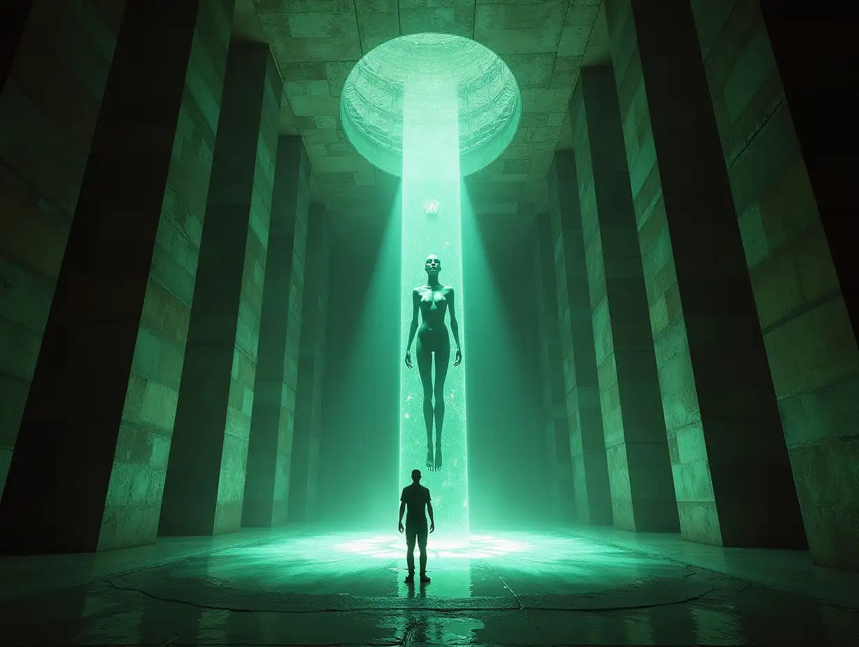 A hyper-realistic 16K resolution image showcasing a hidden vault inside the pyramid, containing massive alien artifacts that defy explanation. Monolithic structures of glowing obsidian float effortlessly in the air, radiating soft, pulsating light. Suspended in a translucent fluid in the center of the room is a humanoid figure with elongated limbs and a serene expression, seemingly in stasis. The walls of the vault shimmer with dynamic patterns, as though alive, while modern scientists stand frozen in shock at the revelation of the pyramid's otherworldly purpose.