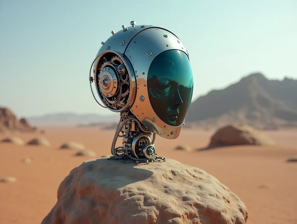 Create a high-resolution, realistic image of the artificial intelligence Robert with metal and glass head with gears, lightwave conductors, LED on a rock in the desert at 4k resolution.