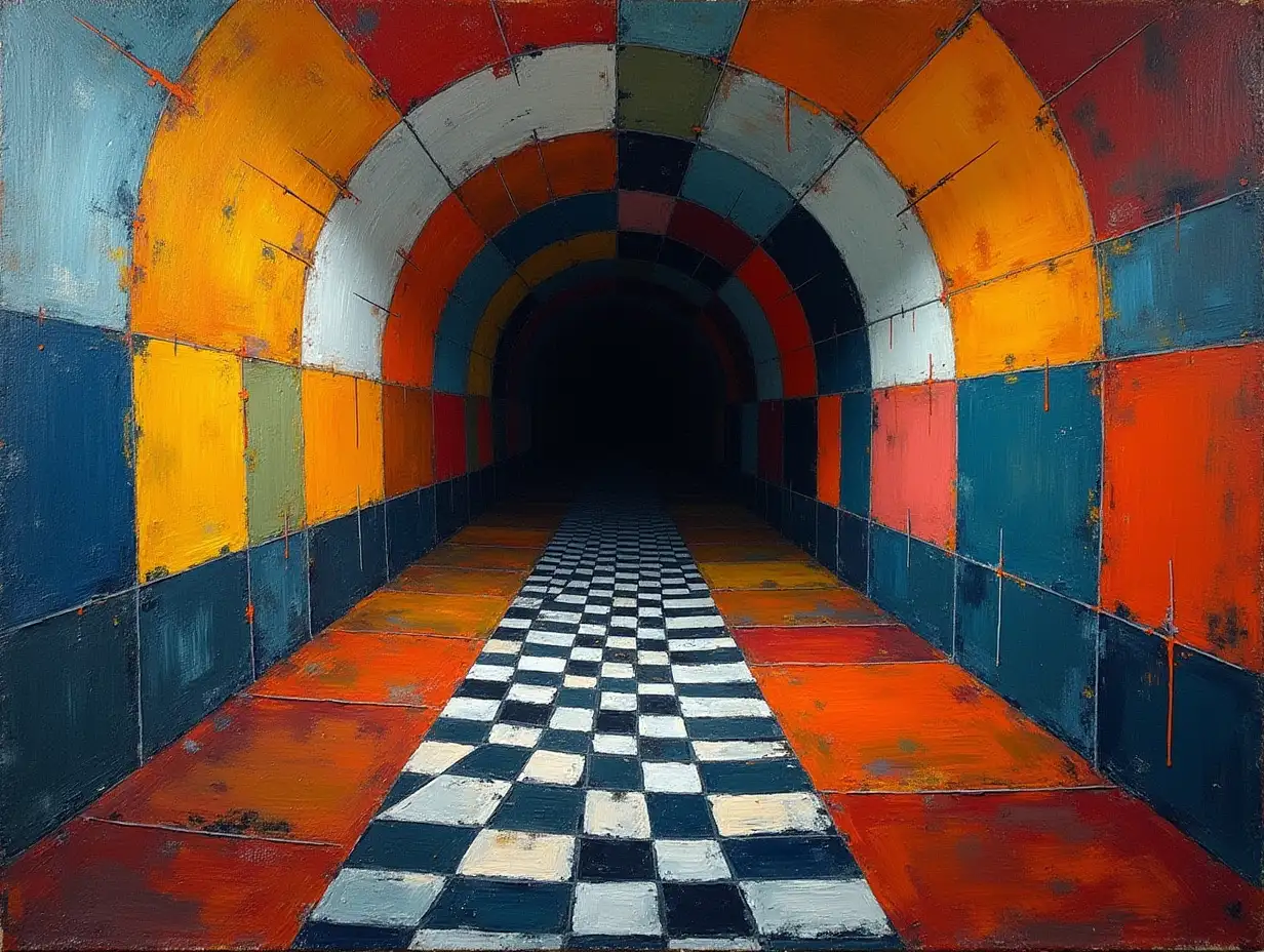 Checkered pattern painting, linear style, primitively schematic minimalism, subway tunnel darkness in the style of Kandinsky, Malevich, minimalism, simplified for beginner artist with acrylic many colors, constructivism abstract, gloomily