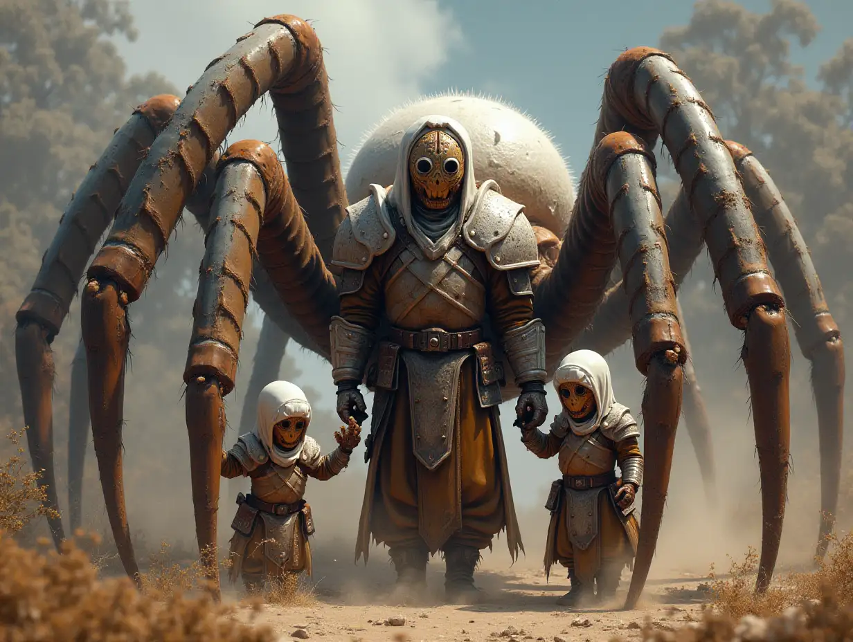 Ki-Fantasy Family,Man,Woman, and Children, giant Tarantula face and with and White Armor Equipment