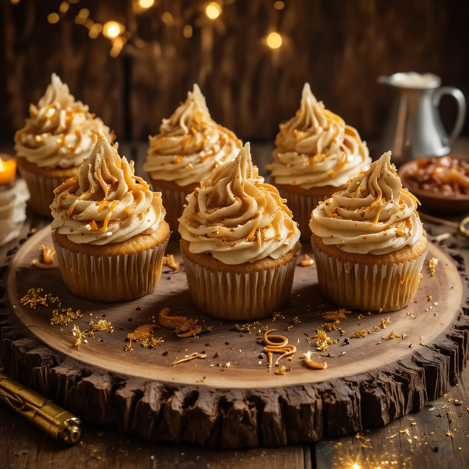 A batch of golden butterbeer cupcakes with swirls of rich butterscotch frosting, drizzled with caramel, and topped with a sprinkle of edible gold dust, styled on a rustic wooden table with a wizarding theme, warm and cozy lighting.