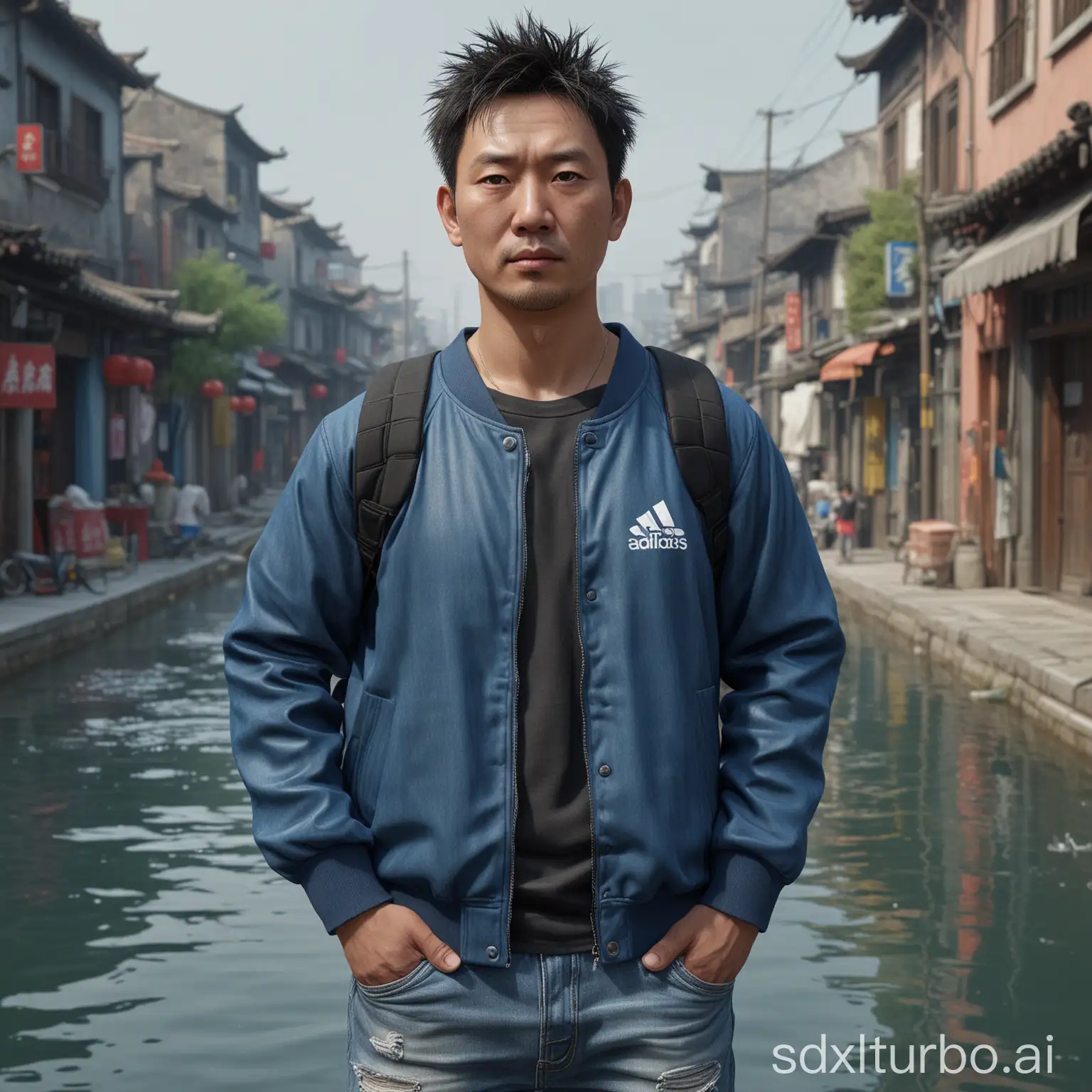 A 46-year-old handsome Chinese man's 3D real person photo, round face, messy hair, monolids, sparse eyebrows, mild eye bags, slightly overweight, medium build, blue sportswear, jeans, Adidas shoes, Jiangnan water town background, realistic image, high definition details. Using RenderMan renderer。3D。Digital art。High-definition、high contrast、high color saturation。Photo、illustration、3D rendering、movie、photo、3D rendering、layout、fashion、product