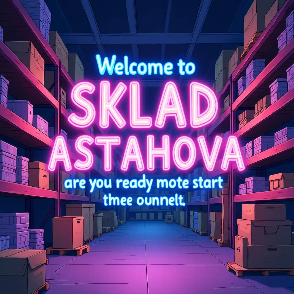 Background: A vibrant and bright cartoon warehouse filled with shelves of details and boxes. Text: A large close-up inscription - 'Welcome to SKLAD ASTAHOVA are you ready to start your journey with us?' is located at the top, made in neon style with the use of purple, pink and blue colors, creating a bright contrast with the background.