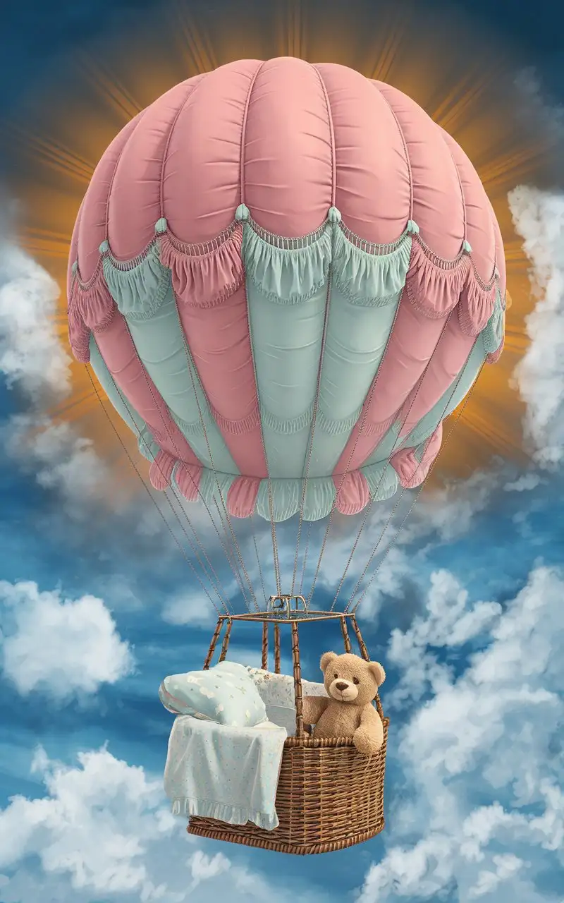 create a photorealistic image in Fantasy-Art style. create a hot air balloon. The balloon consists of a balloon in the colors pink, and light blue. An oval basket hangs from the balloon. In the basket is a baby blanket and a baby pillow and one teddy bears. The balloon flies into the sky. The sky consists of white clouds and a blue sky. The sun in the sky has orange sunbeams