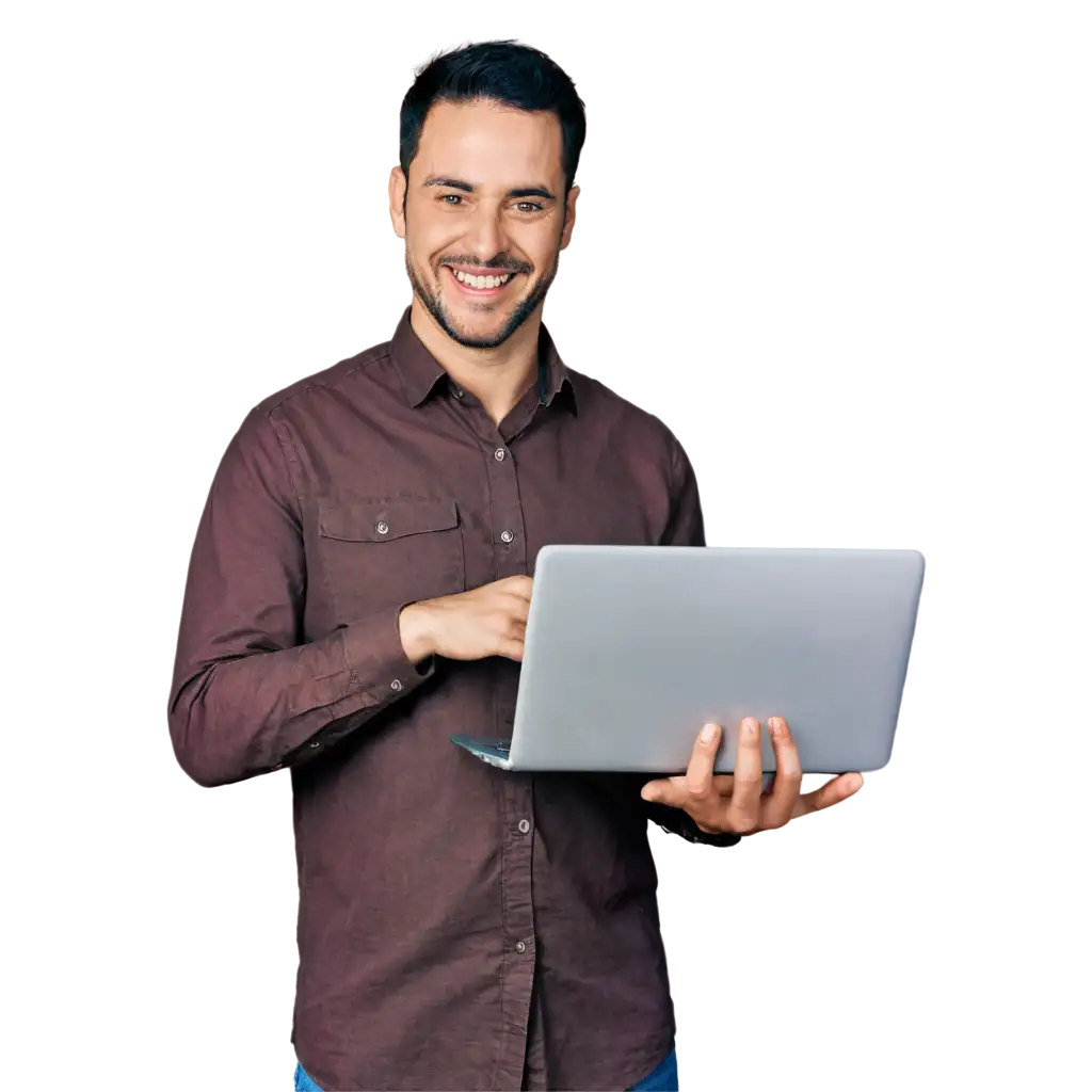 Man working on Labptop laughing and looking at camera