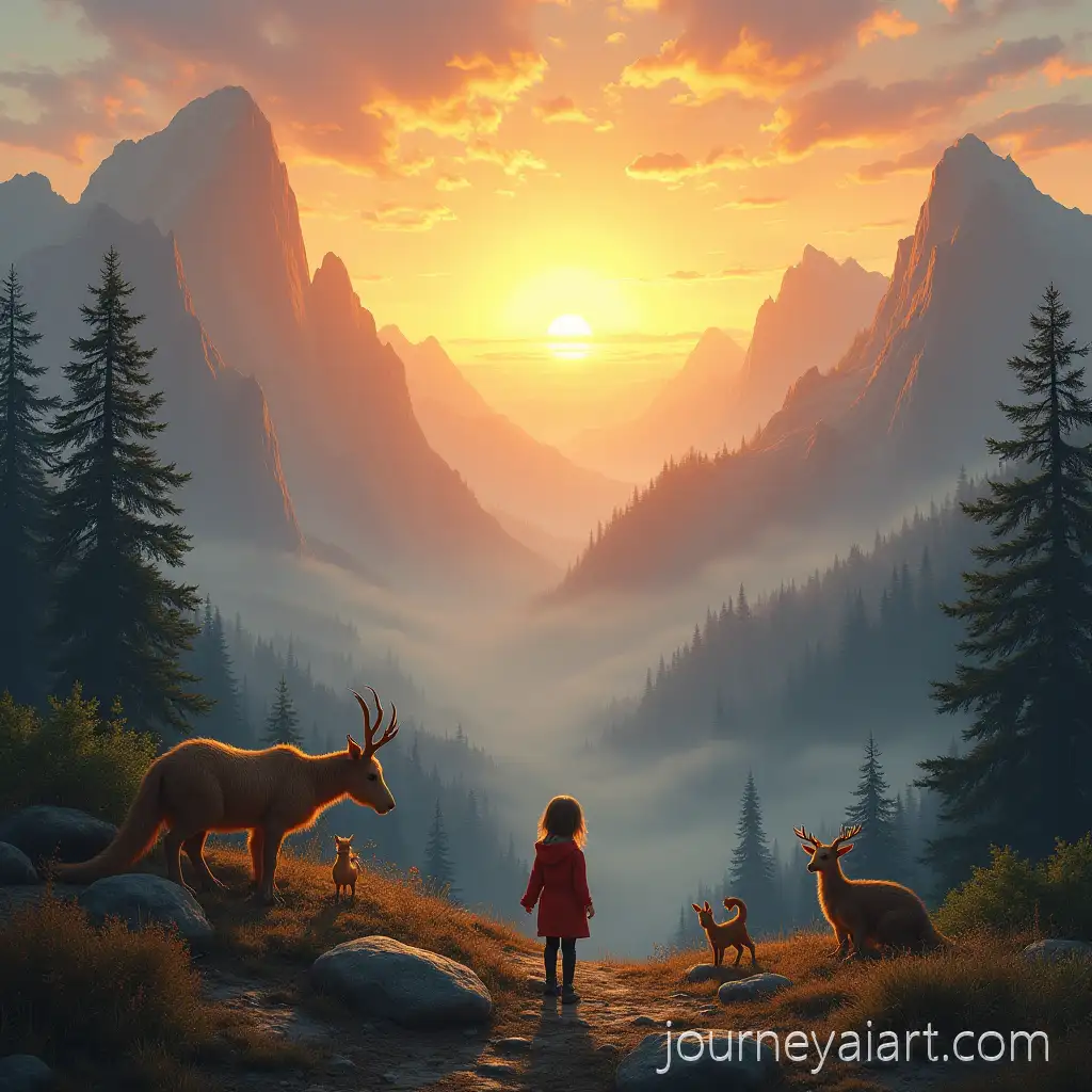 Child-SurroundedMountain-Sunrise-with-Mythical-Animals-by-Mythical-Animals-in-Mountain-Landscape-at-Sunrise