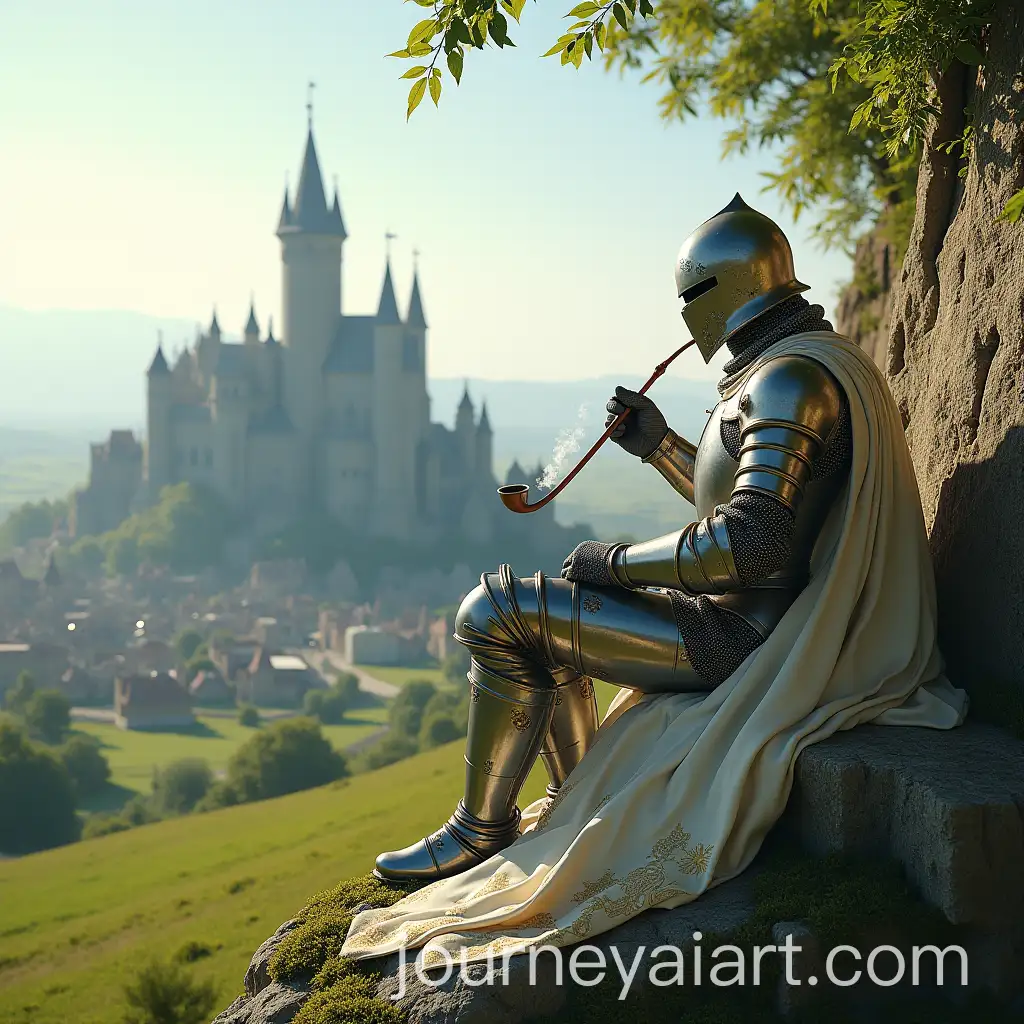 Knight-Resting-on-Mossy-Rock-with-Pipe-Overlooking-Fortress-and-Village