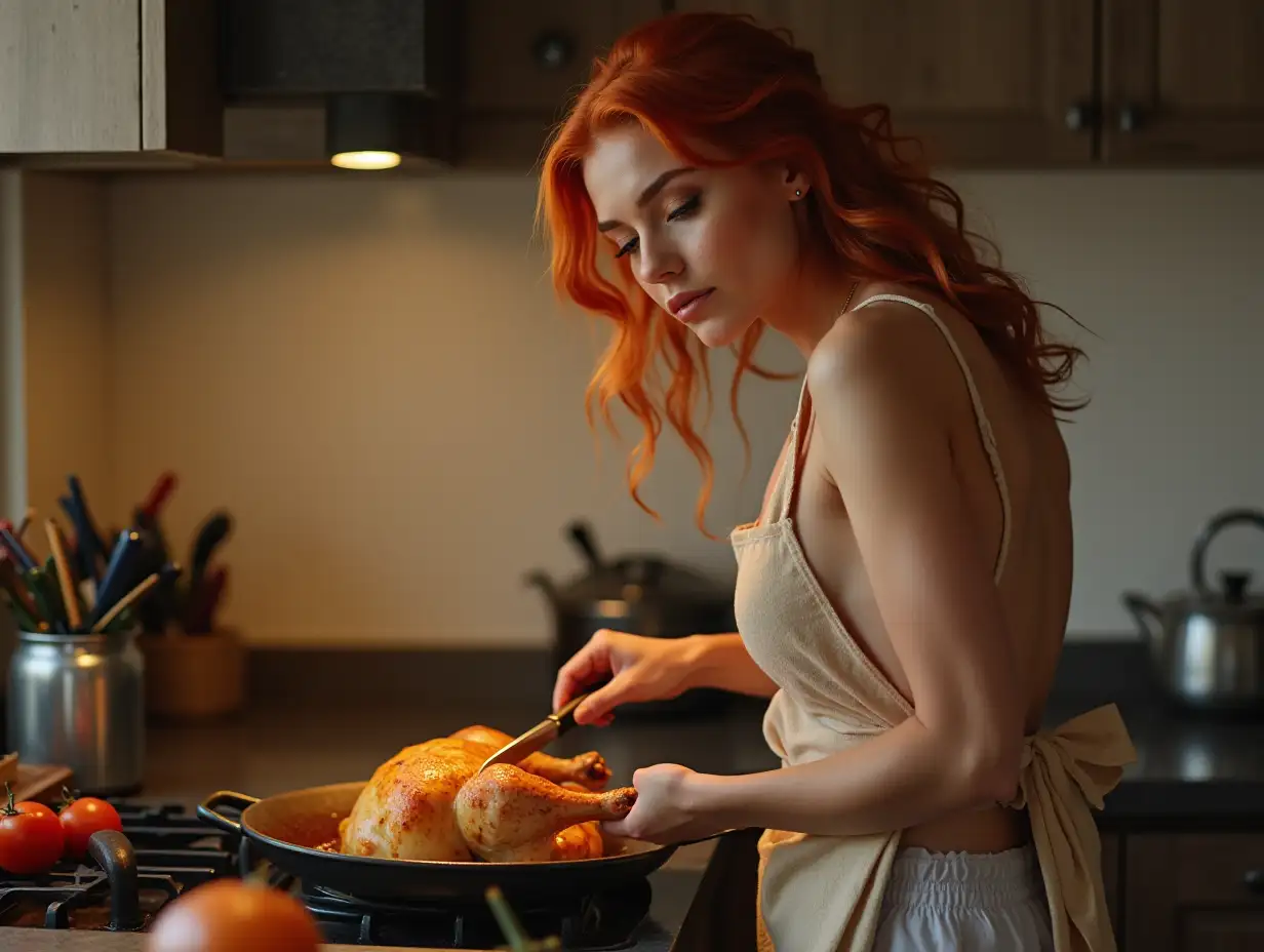 Redheaded-Woman-Baking-Roasted-Chicken-in-Kitchen