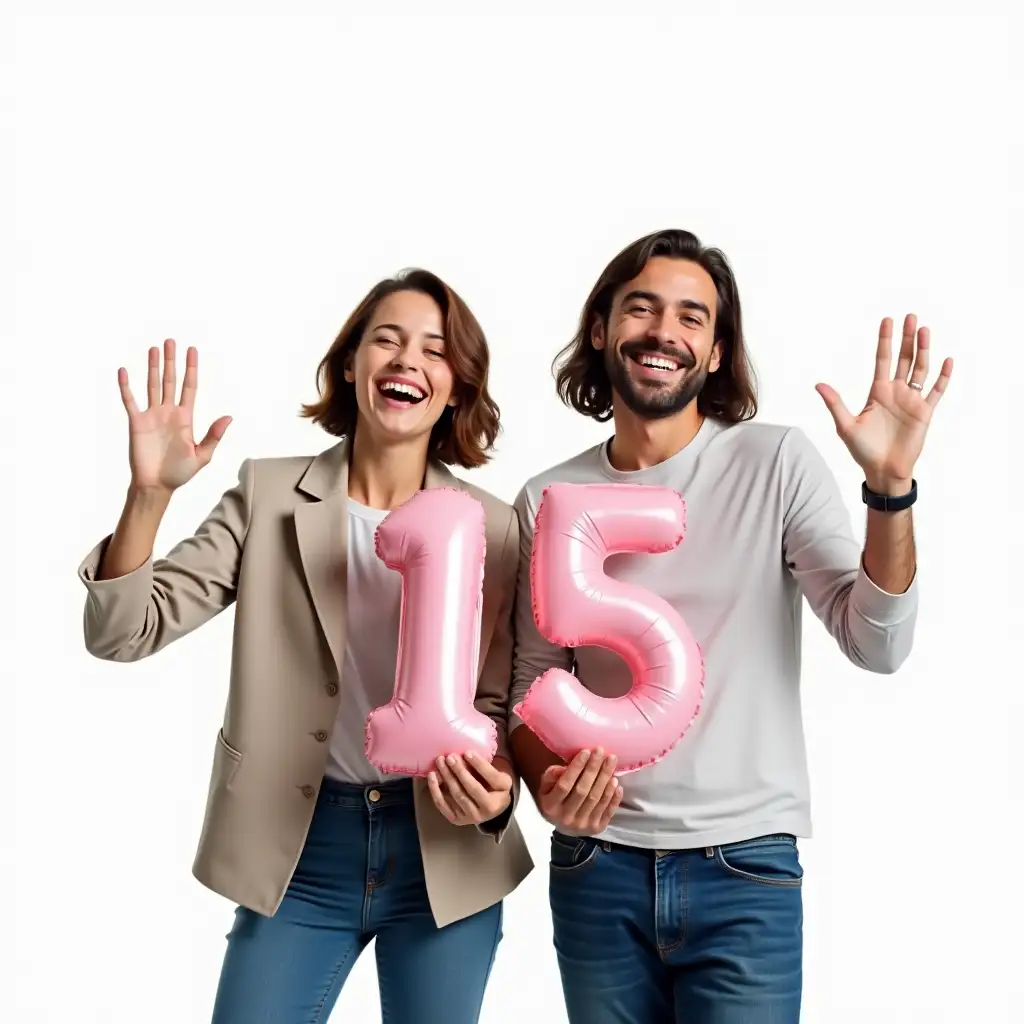 Two-Happy-People-Celebrating-with-Inflated-Number-15-Studio-Photography