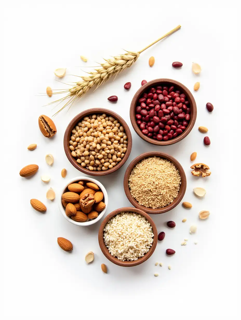 Assorted-Grains-and-Nuts-in-Rustic-Bowls-with-Natural-Ingredients-on-White-Background