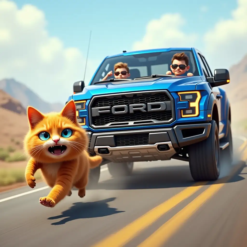 A big blue ford f-150 raptor is chasing a fluffy ginger cat with one eye blue and the other yellow, running in fear down the road, punks are riding in the cabin, computer graphics