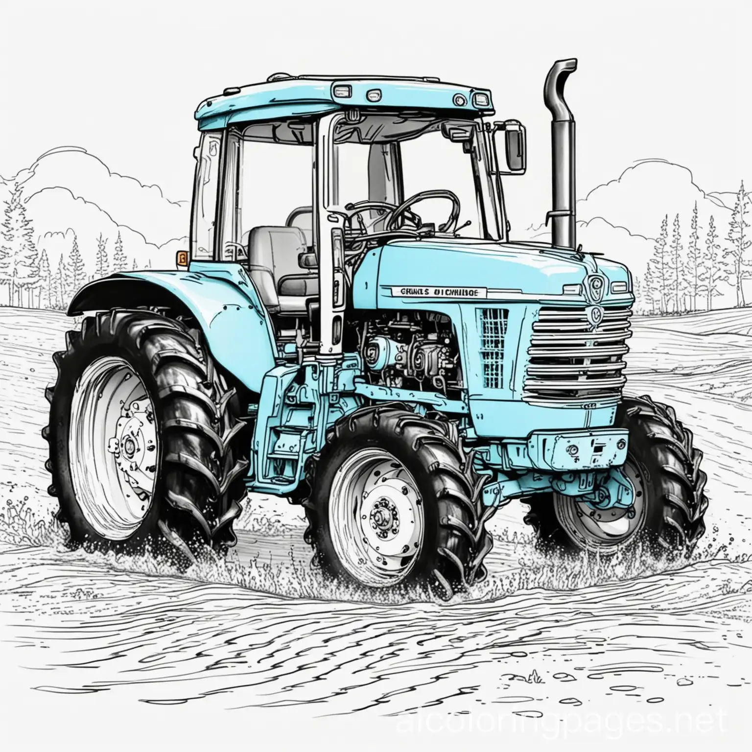 BLUE TRACTOR DRIVING IN A WATER, Coloring Page, black and white, line art, white background, Simplicity, Ample White Space. The background of the coloring page is plain white to make it easy for young children to color within the lines. The outlines of all the subjects are easy to distinguish, making it simple for kids to color without too much difficulty