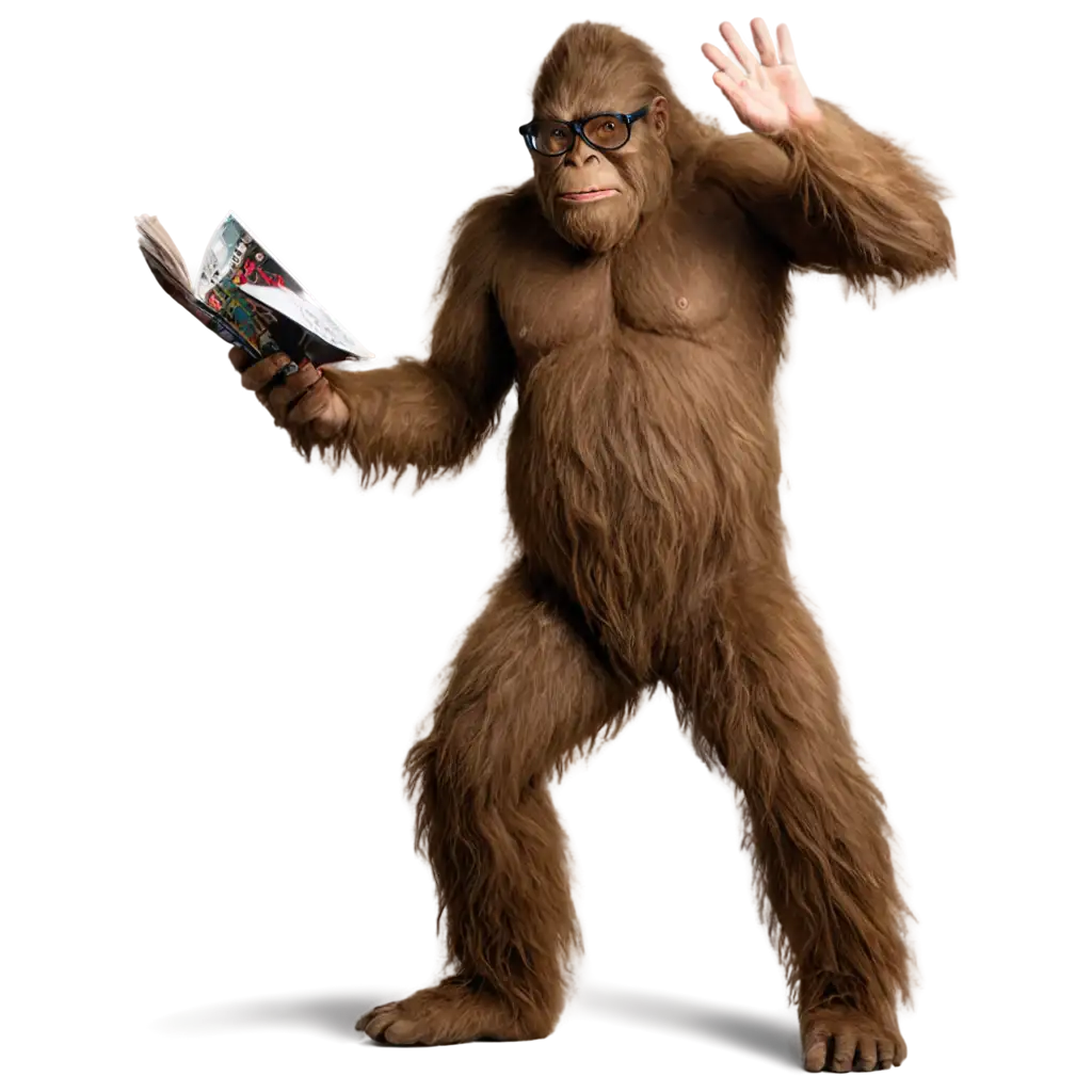 Sasquatch-Wearing-Black-Reading-Glasses-and-Holding-a-Comic-Book-PNG-Image