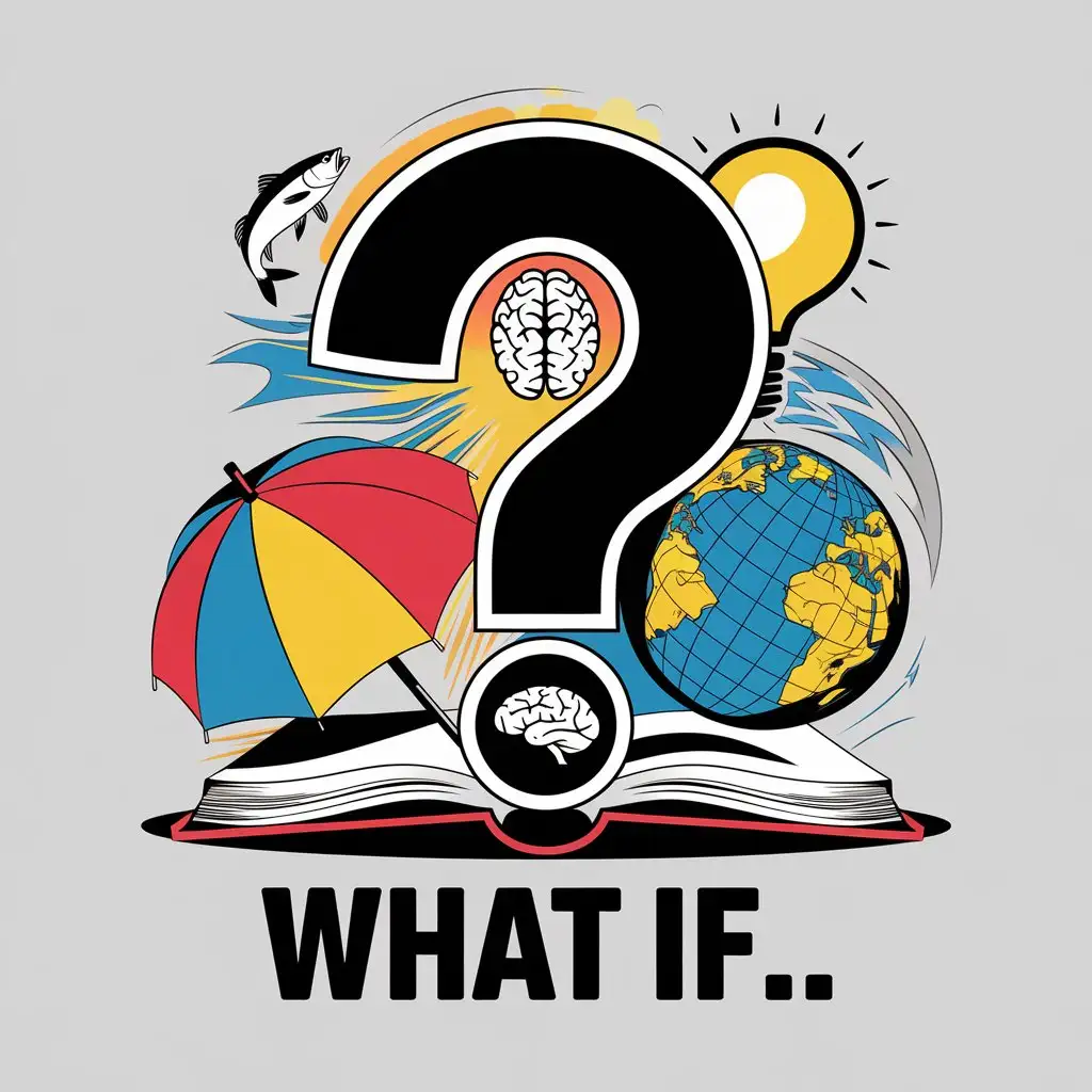 LOGO Design for What If Black White Question Mark with Human Brain Fish Light Bulb Umbrella Globe Book Theme