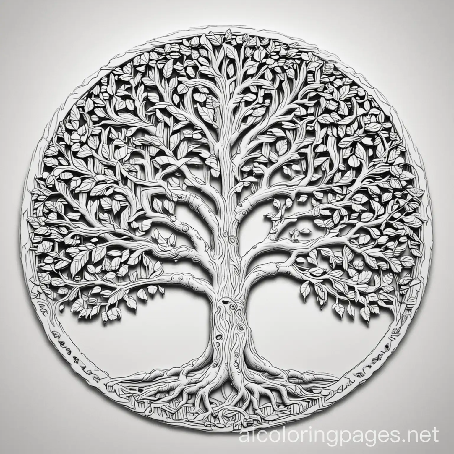 Tree of life, Coloring Page, black and white, line art, white background, Simplicity, Ample White Space. The background of the coloring page is plain white to make it easy for young children to color within the lines. The outlines of all the subjects are easy to distinguish, making it simple for kids to color without too much difficulty