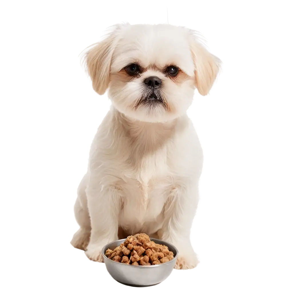 PNG-Image-of-Shih-Tzu-Dog-Eating-Woof-Dog-Food-HighQuality-Visual-Content