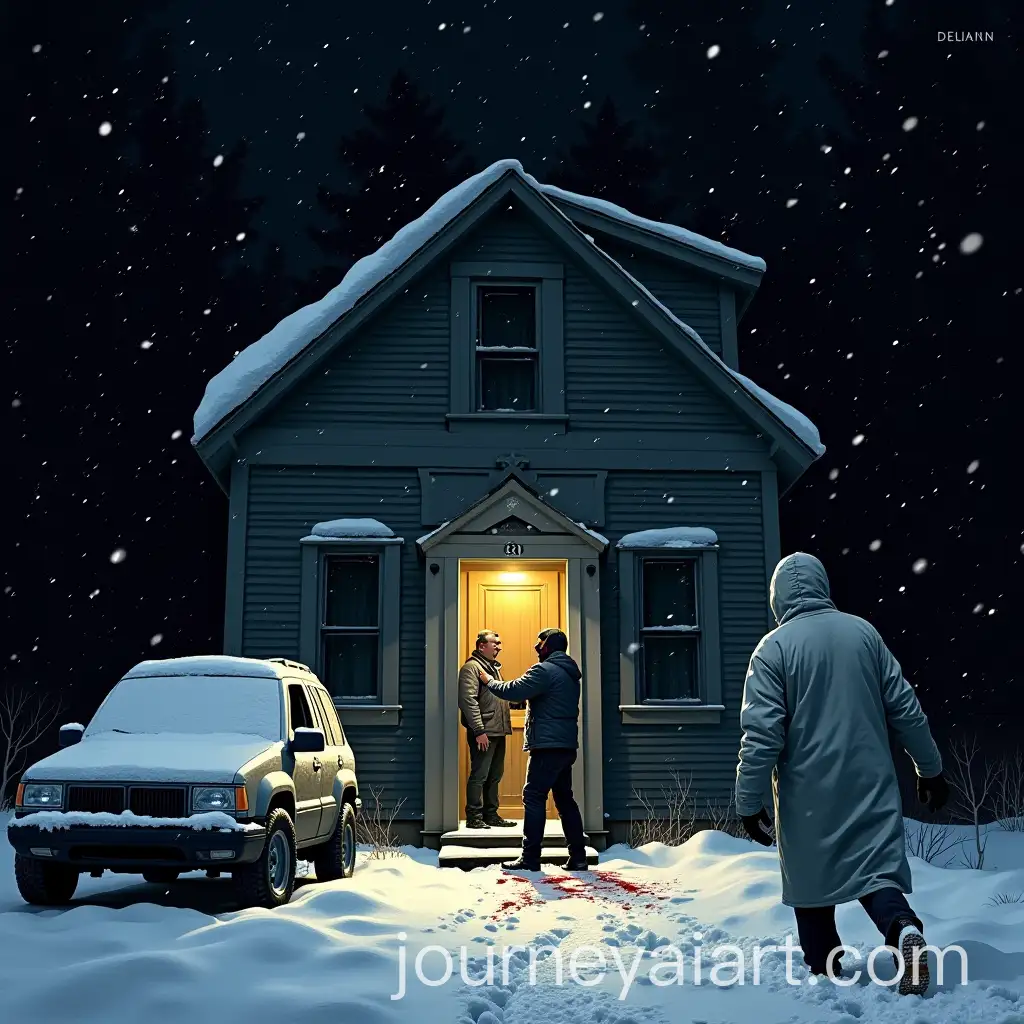 Midnight-Snow-Scene-with-Cottage-and-Agony-Snowy-SUV-Masked-Men-Confrontation