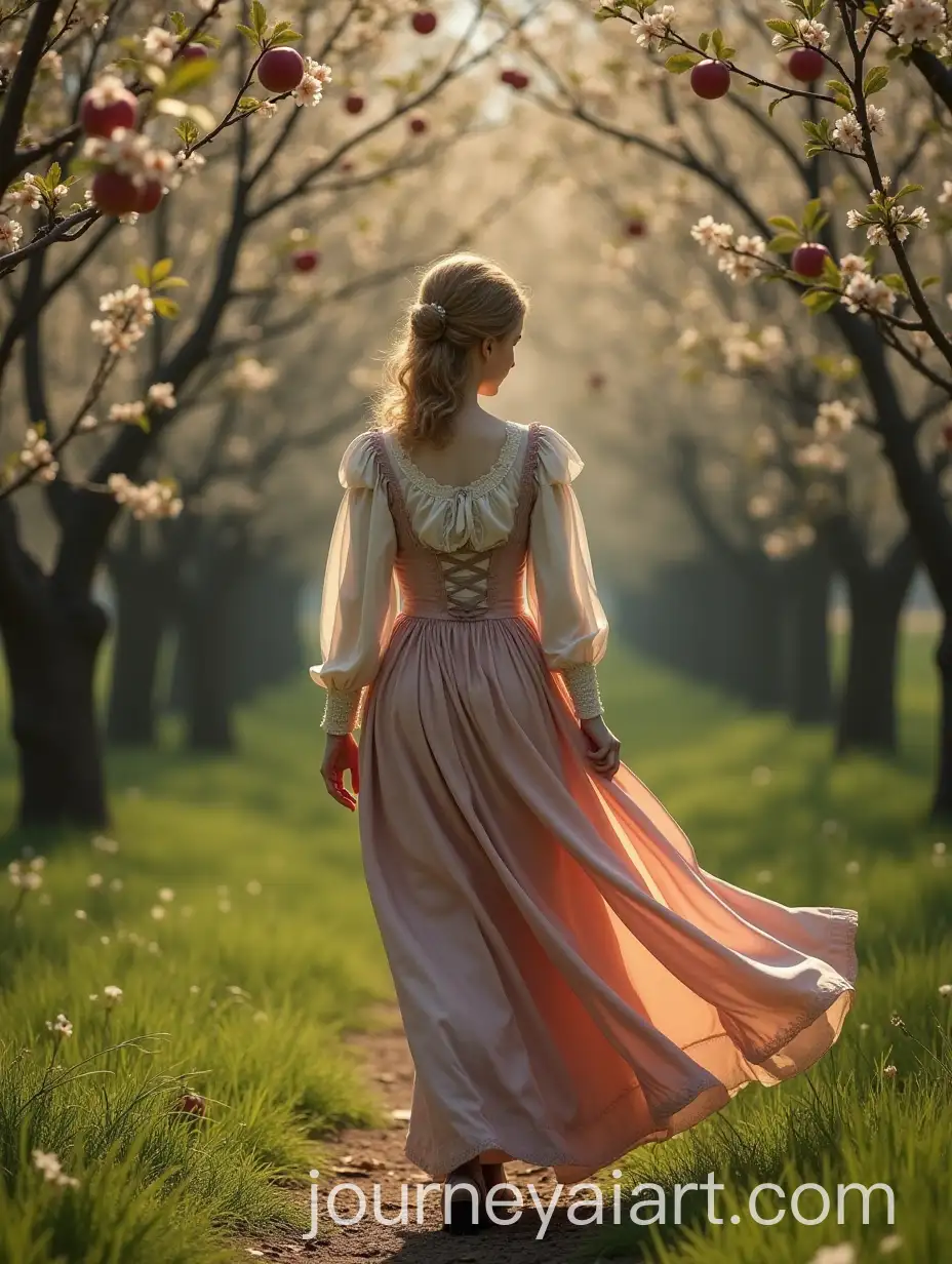 Young-Woman-in-1910s-Fashion-Walking-Through-a-Blooming-Apple-Orchard