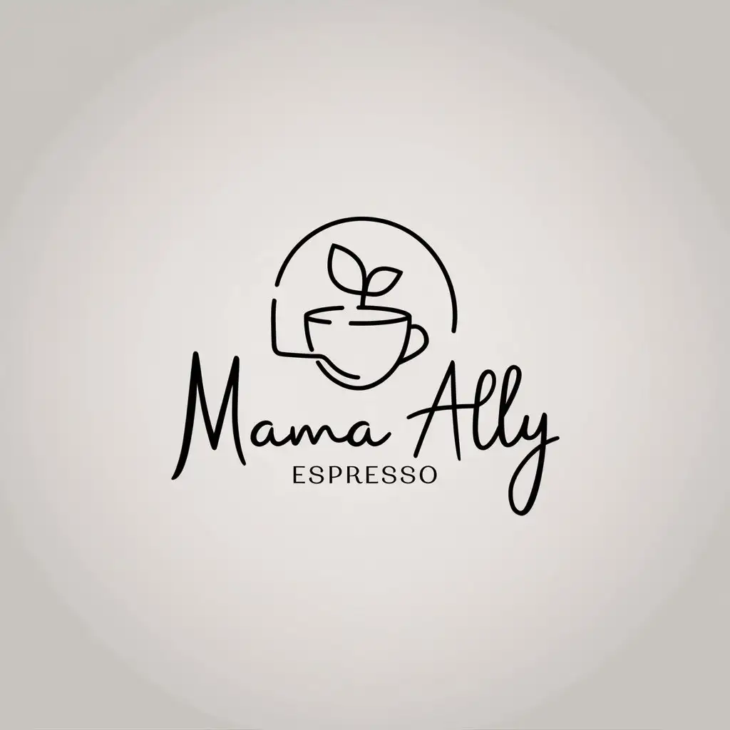 LOGO Design For Mama Ally Espresso Coffee Cup with Plant Minimalist Cursive Text